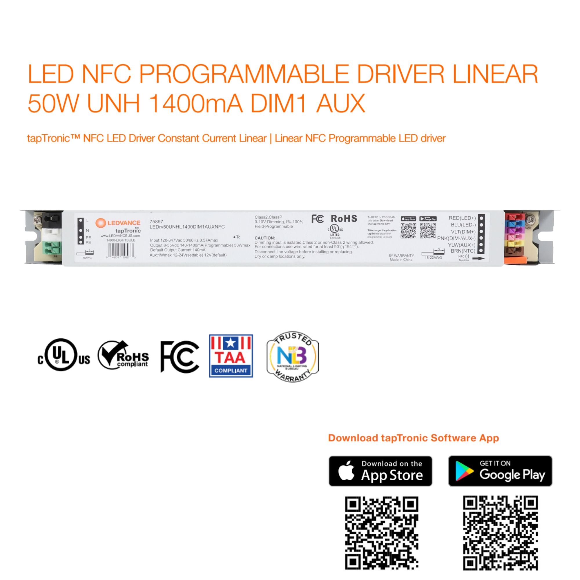 LEDVANCE Sylvania 75897 tapTronic NFC LED Driver 50W Linear 1400mA Programmable 0-10V