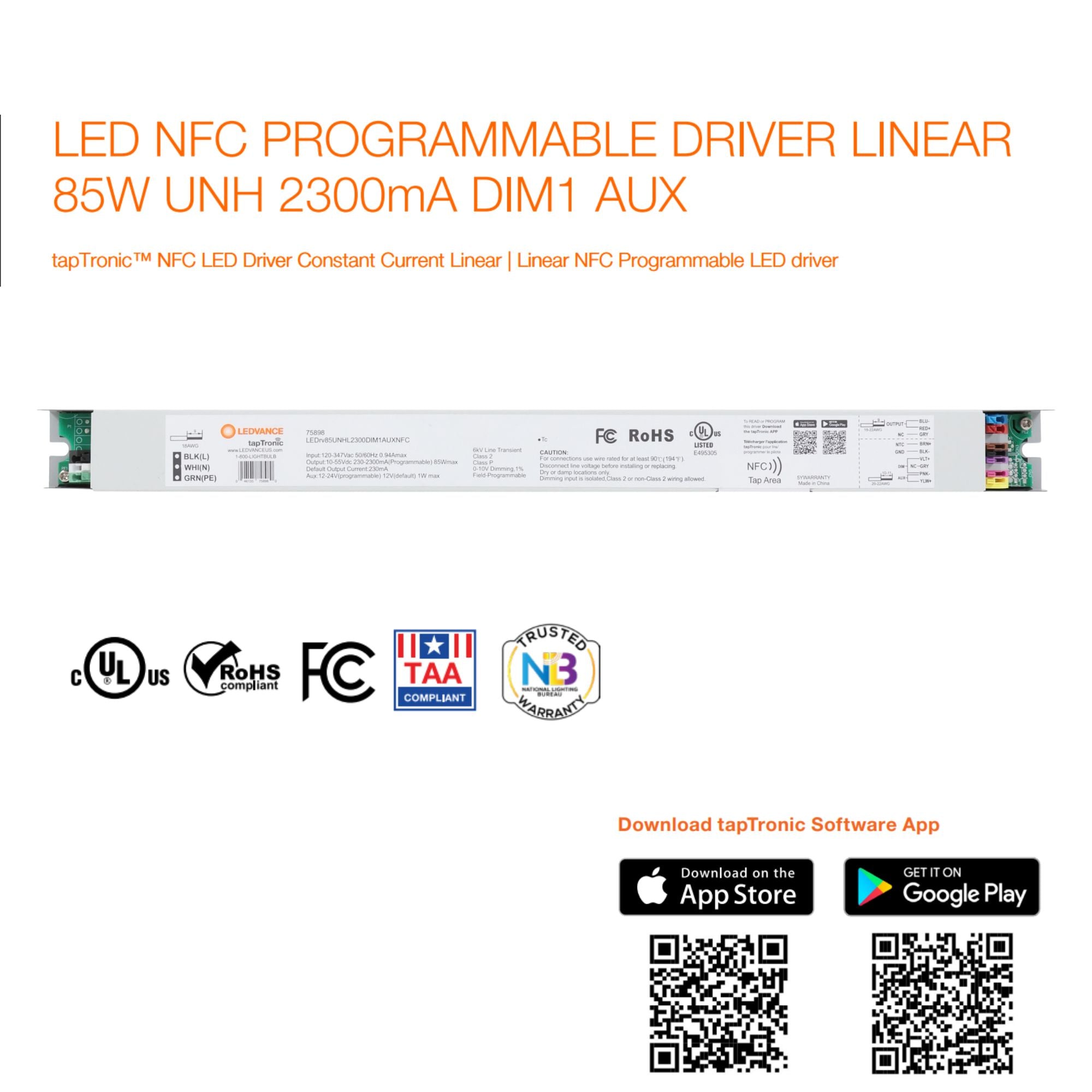 LEDVANCE Sylvania 75898 tapTronic NFC LED Driver 85W Linear 2300mA Programmable 0-10V