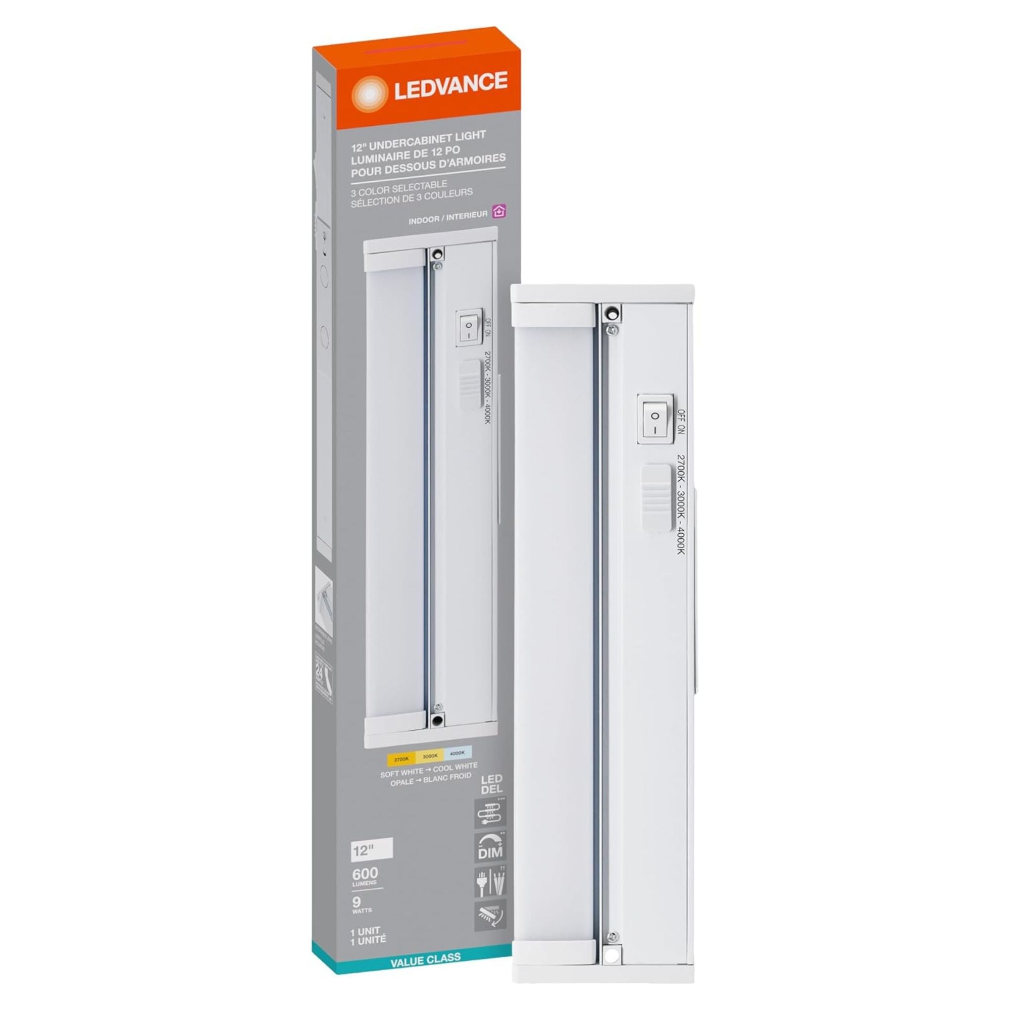 12 Inch Under Cabinet LED Light with Tilting Lens, 600 Lumens, Selectable CCT, 120V
