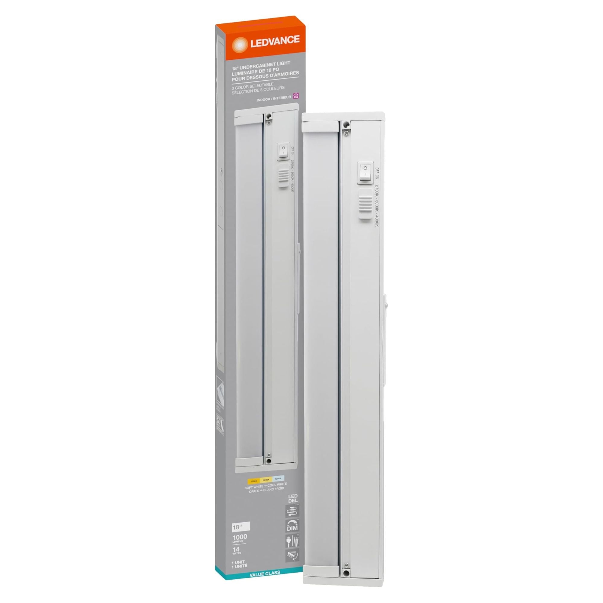 18 Inch Under Cabinet LED Light with Tilting Lens, 1000 Lumens, Selectable CCT, 120V