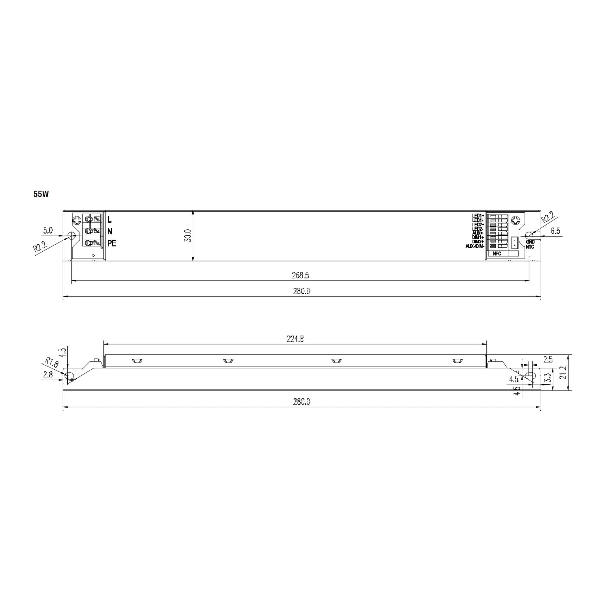 tapTronic Linear NFC 2-Channel LED Driver, 55W, 140-1400mA, 5-88 VDC, 120-347V - Bees Lighting