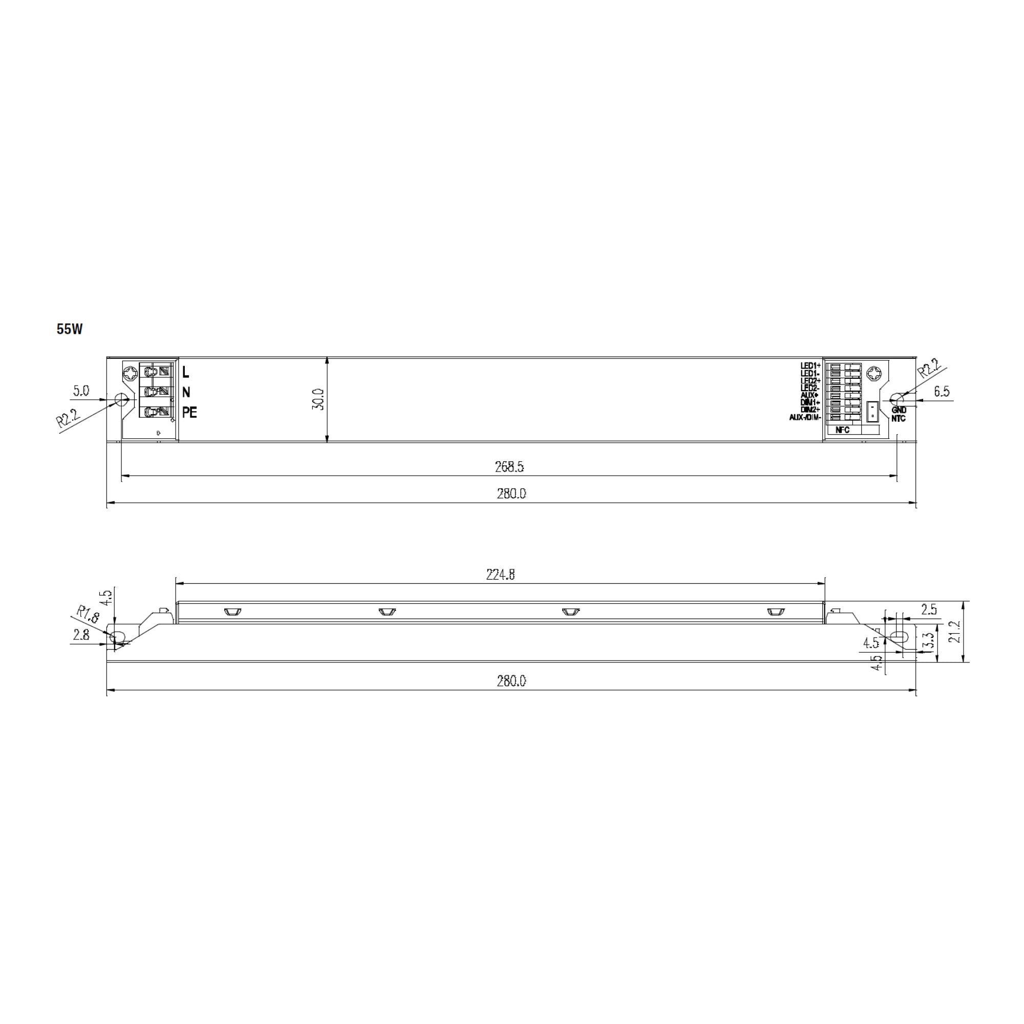 tapTronic Linear NFC 2-Channel LED Driver, 55W, 140-1400mA, 5-88 VDC, 120-347V - Bees Lighting