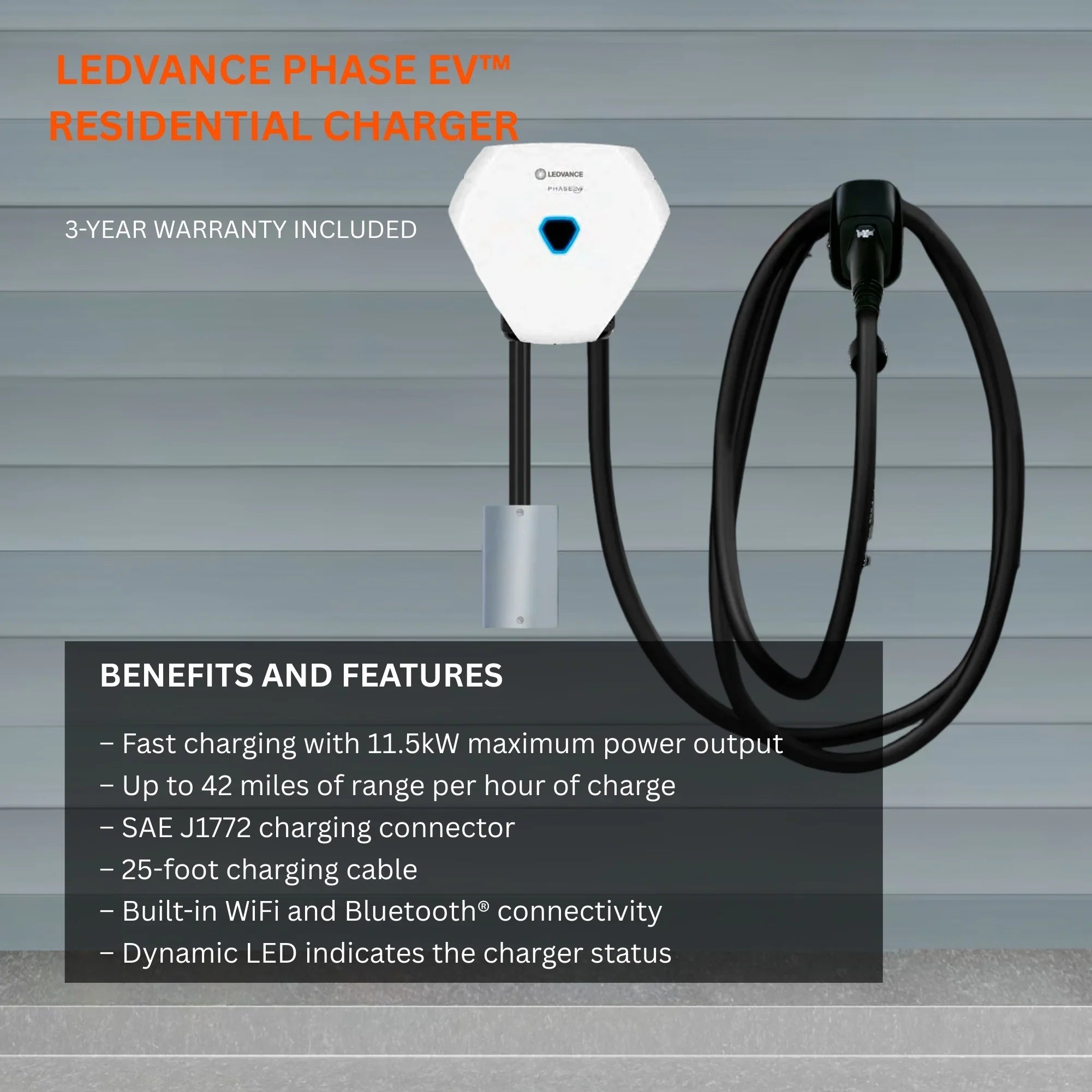 LEDVANCE PHASE EV 48 Amp Level 2 Residential Charging Station - WiFi Enabled Smart EV Charger