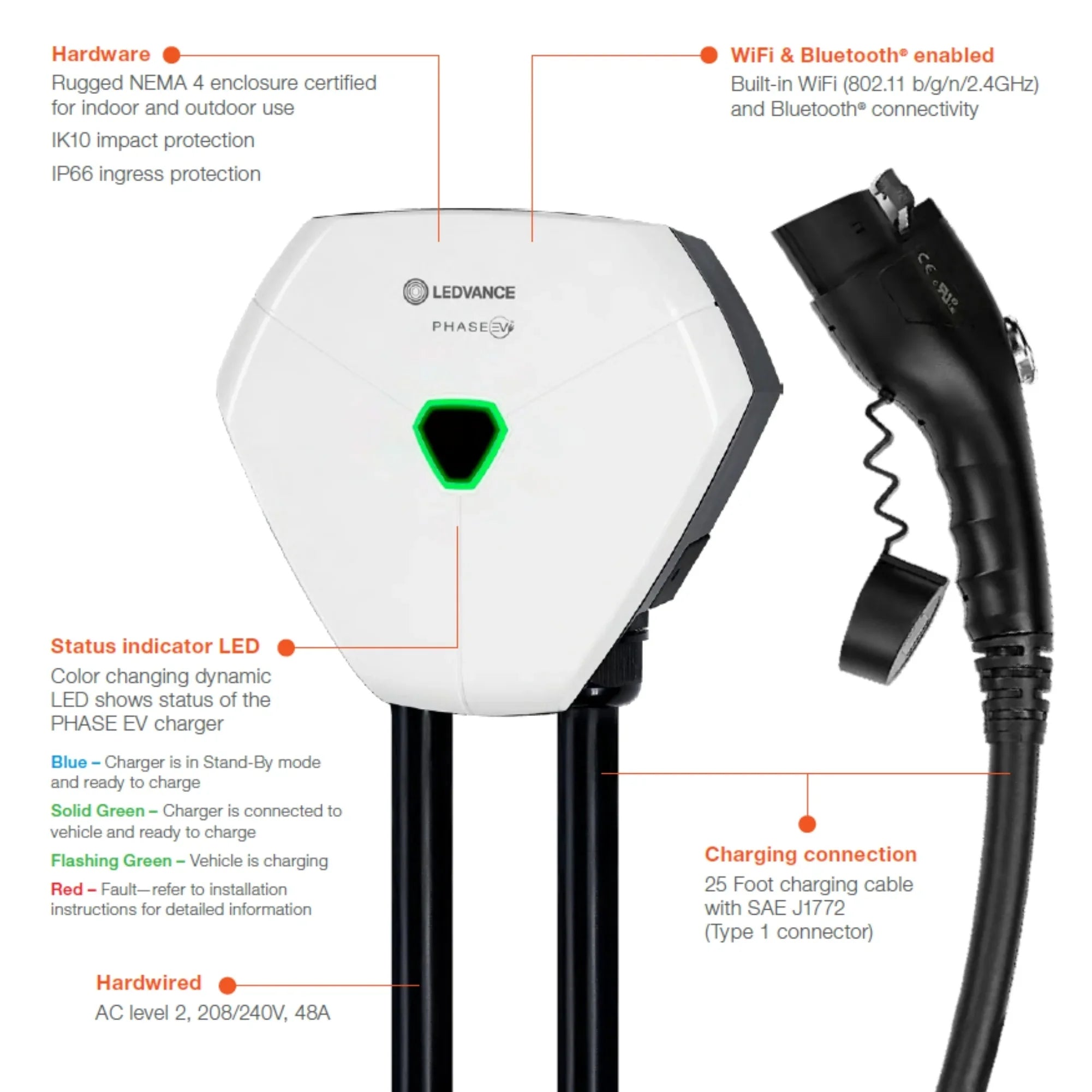 LEDVANCE PHASE EV 48 Amp Level 2 Residential Charging Station - WiFi Enabled Smart EV Charger