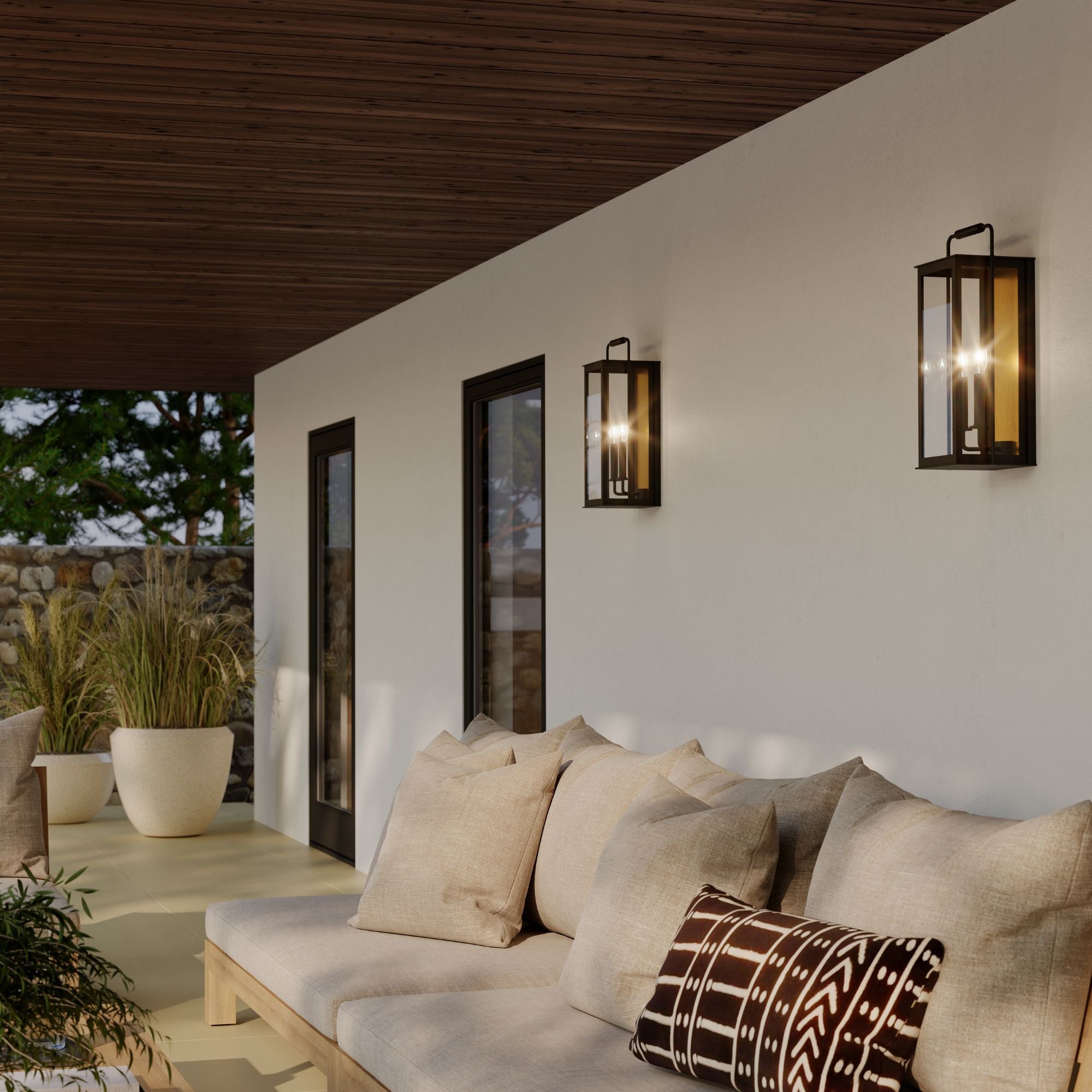 The Great Outdoors Aberdeen 20 in. 2-Light Outdoor Wall Sconce, Sand Coal Black & Painted Legacy Brass with Clear Glass