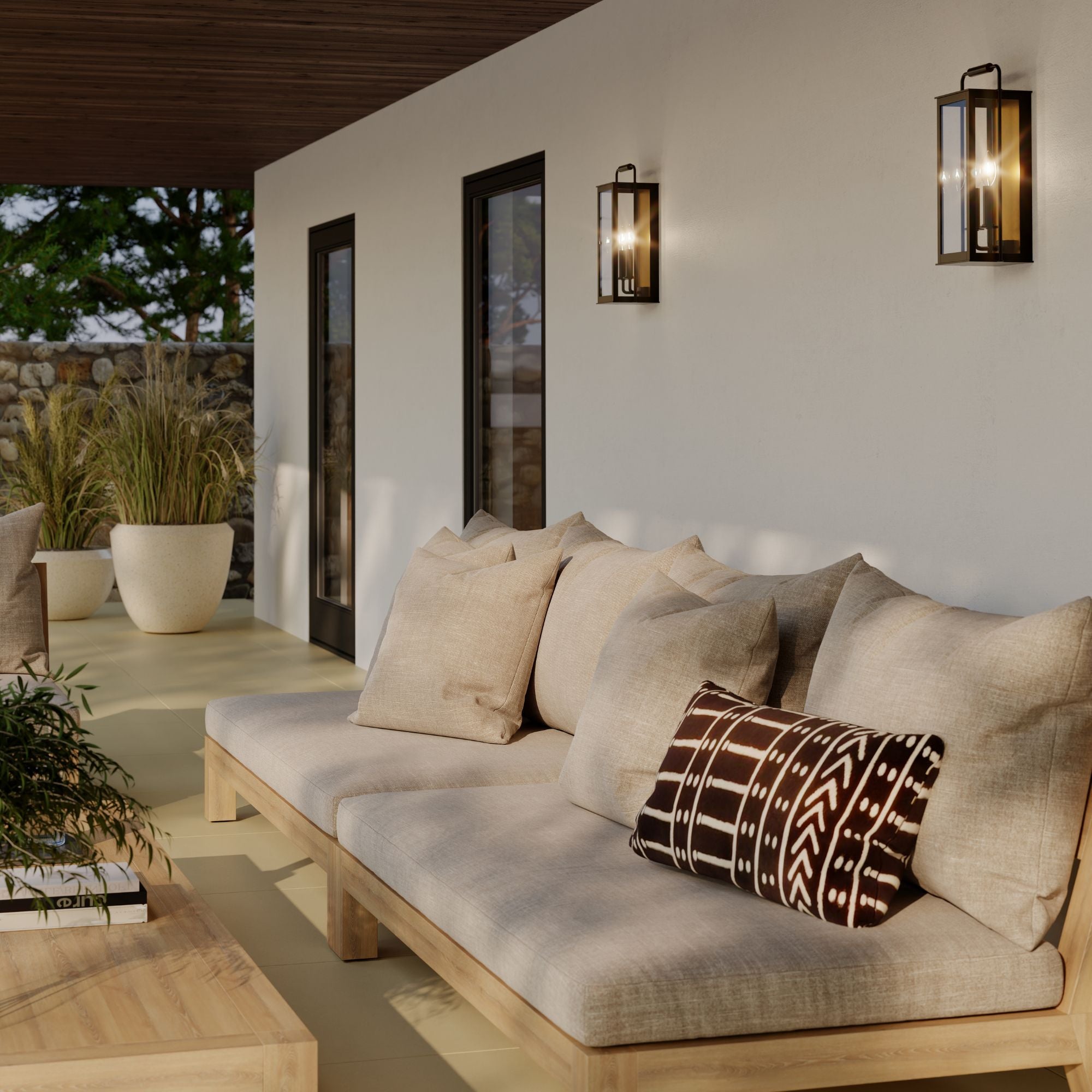 The Great Outdoors Aberdeen 16.5 in. 2-Light Outdoor Wall Sconce, Sand Coal Black & Painted Legacy Brass with Clear Glass