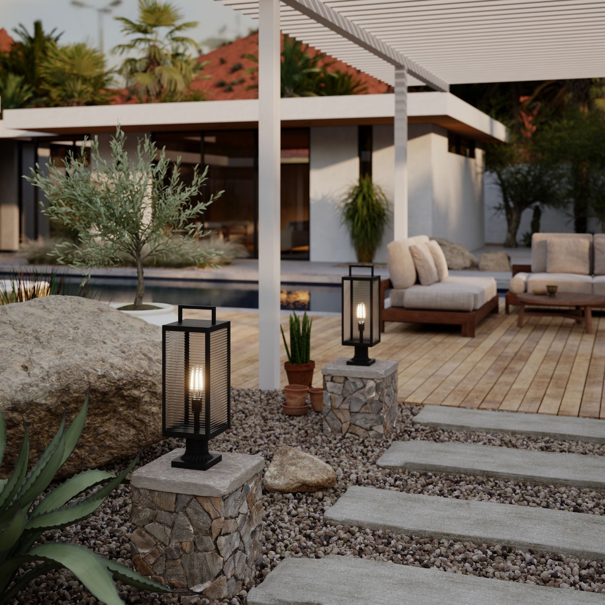The Great Outdoors Edgewood 21.5 in. Outdoor Post Light, Dark Matte Black with Clear Ribbed Glass