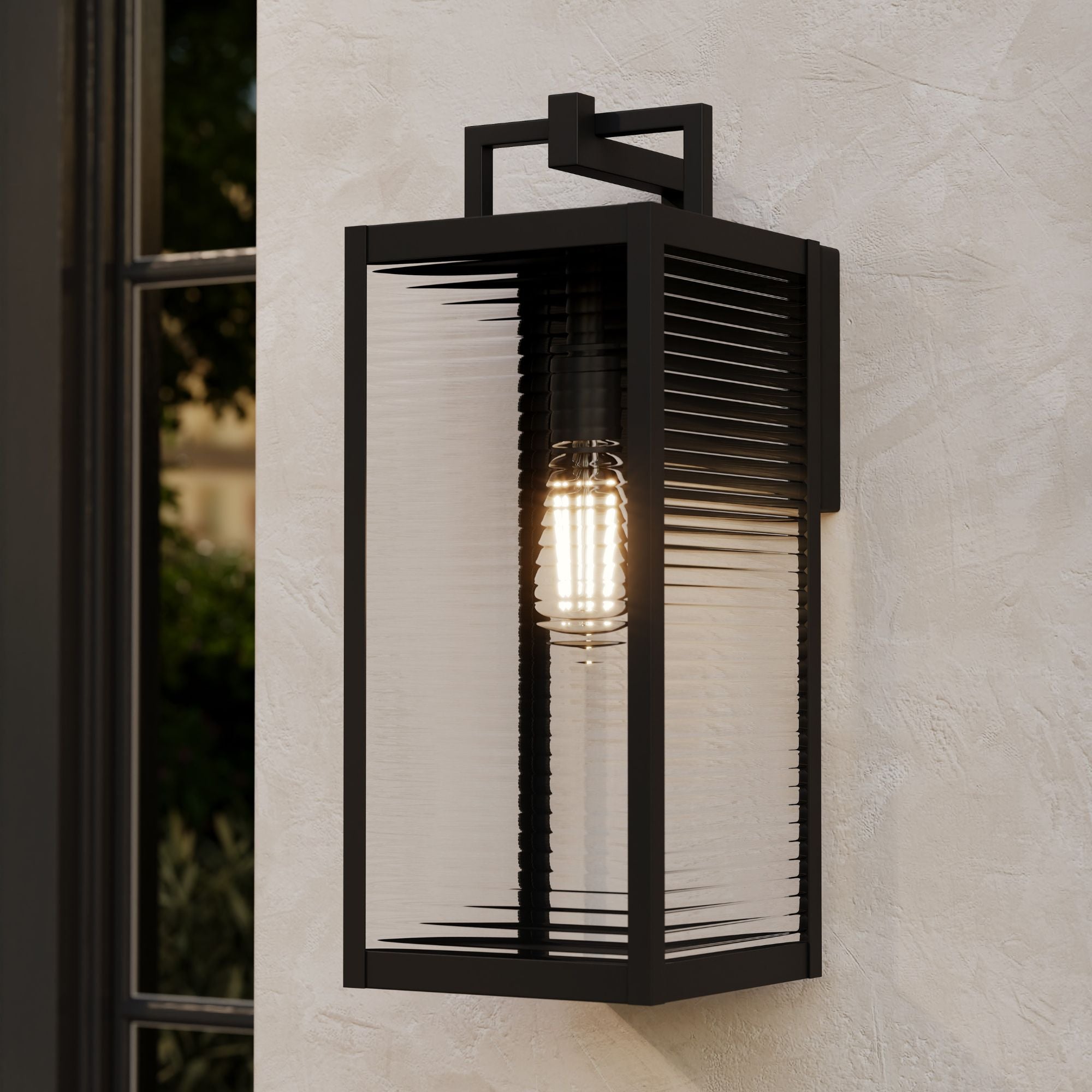 The Great Outdoors Edgewood 19 in. Outdoor Wall Sconce, Dark Matte Black with Clear Ribbed Glass