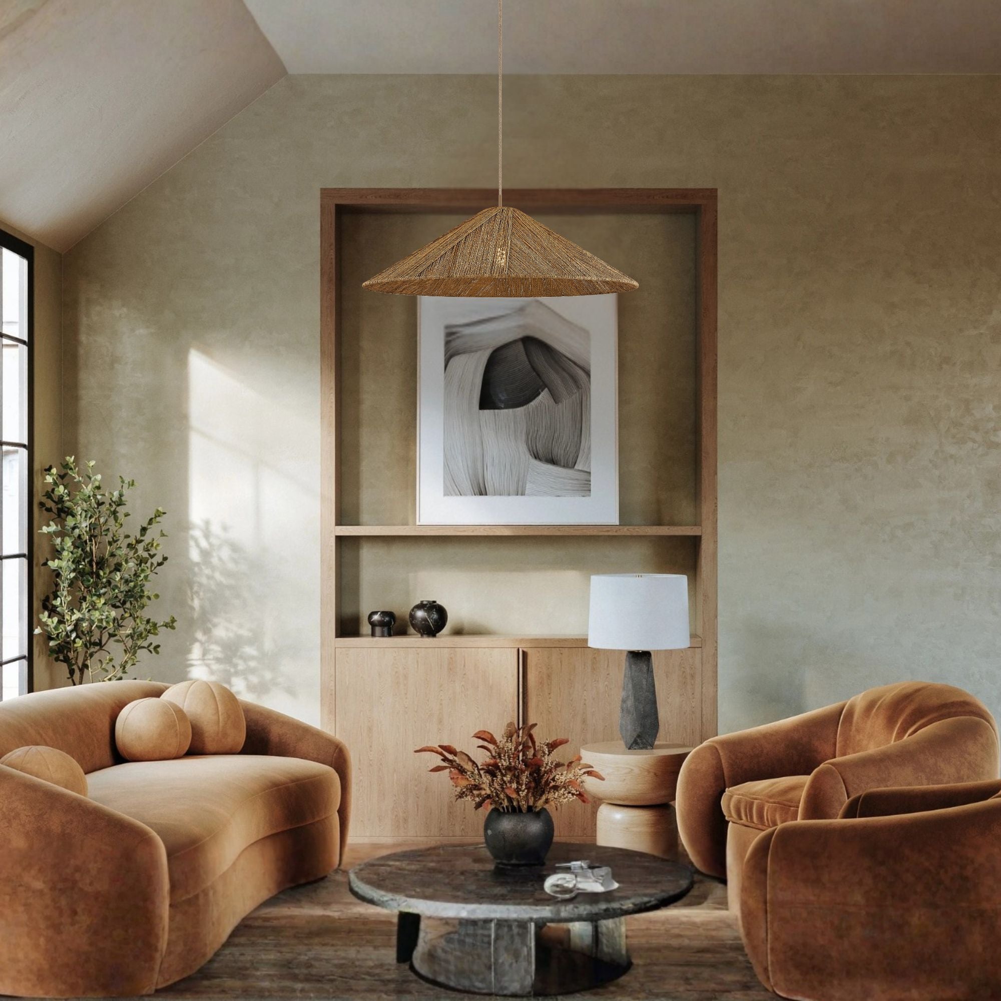 Troy Ahrens Pendant Light, Patina Brass with Natural Woven Shade