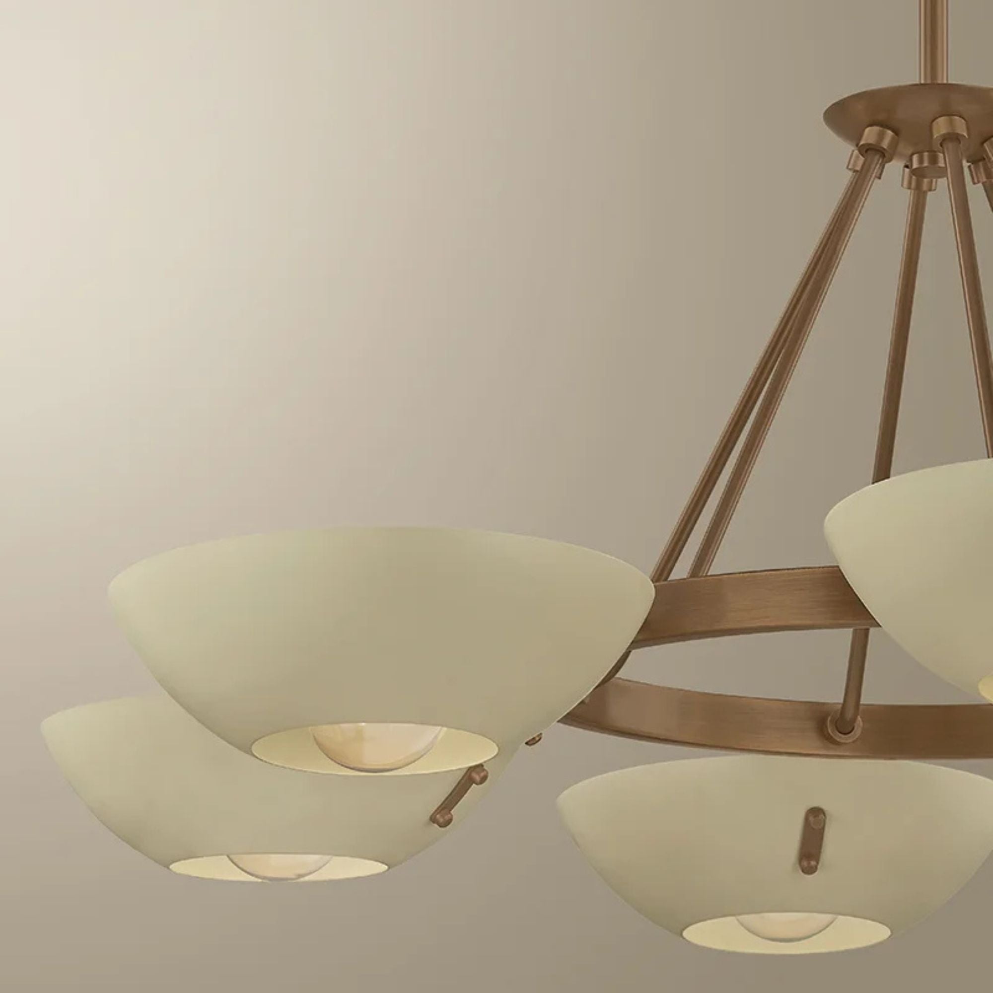 Troy Alturas Chandelier, Patina Brass with Soft Sand Bowl Shades
