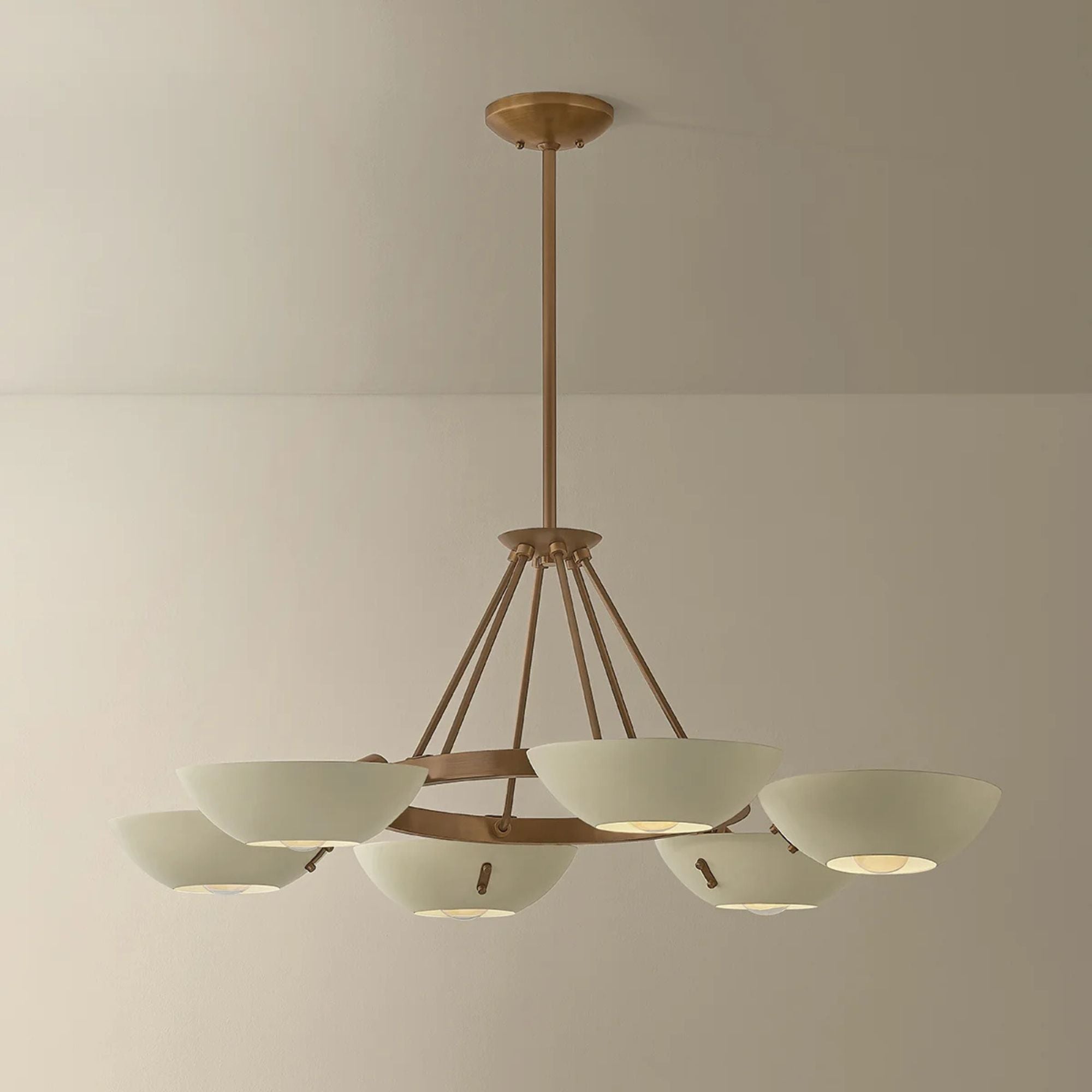 Troy Alturas 40.5 in. 6-Light Chandelier, Patina Brass with Soft Sand Bowl Shades