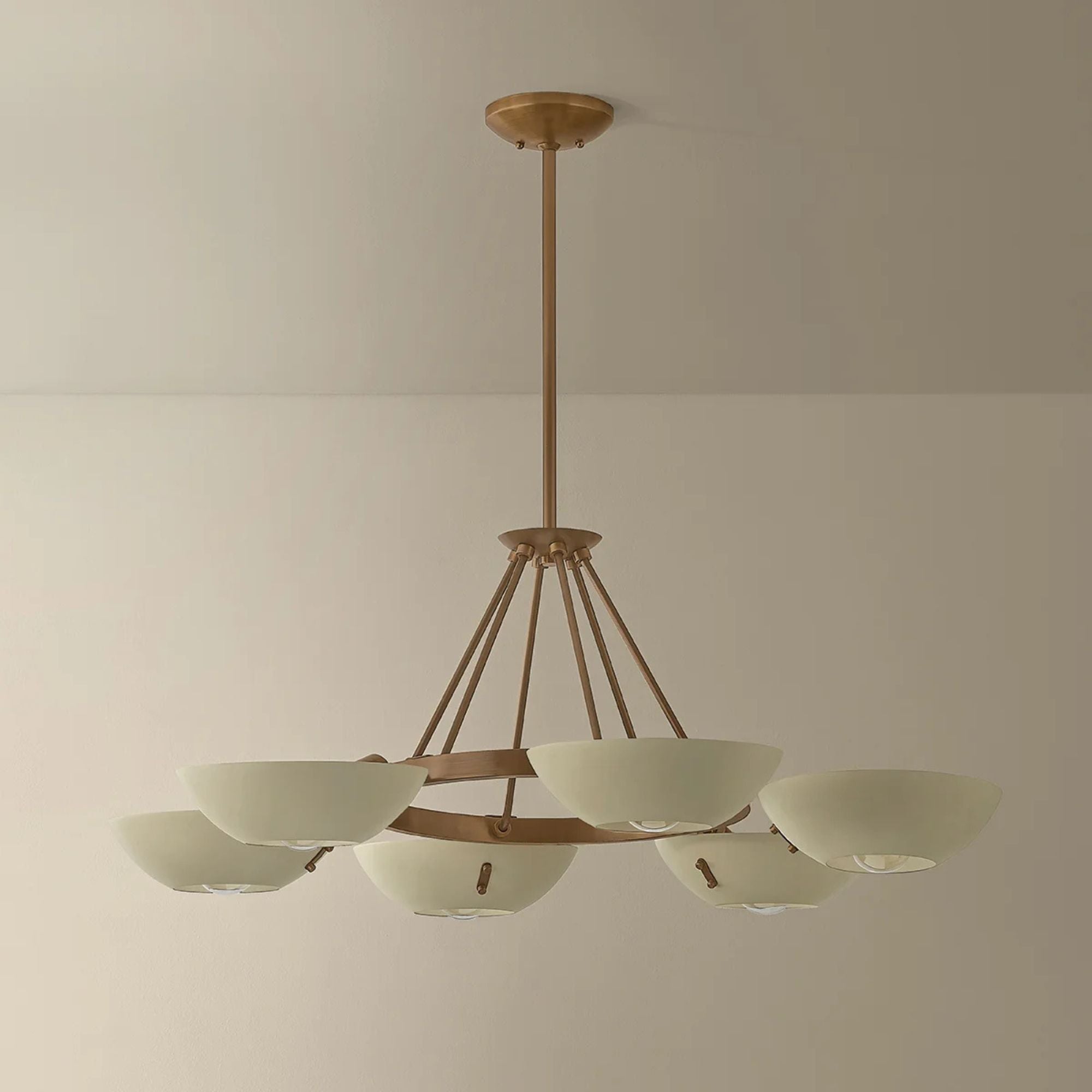 Troy Alturas 40.5 in. 6-Light Chandelier, Patina Brass with Soft Sand Bowl Shades