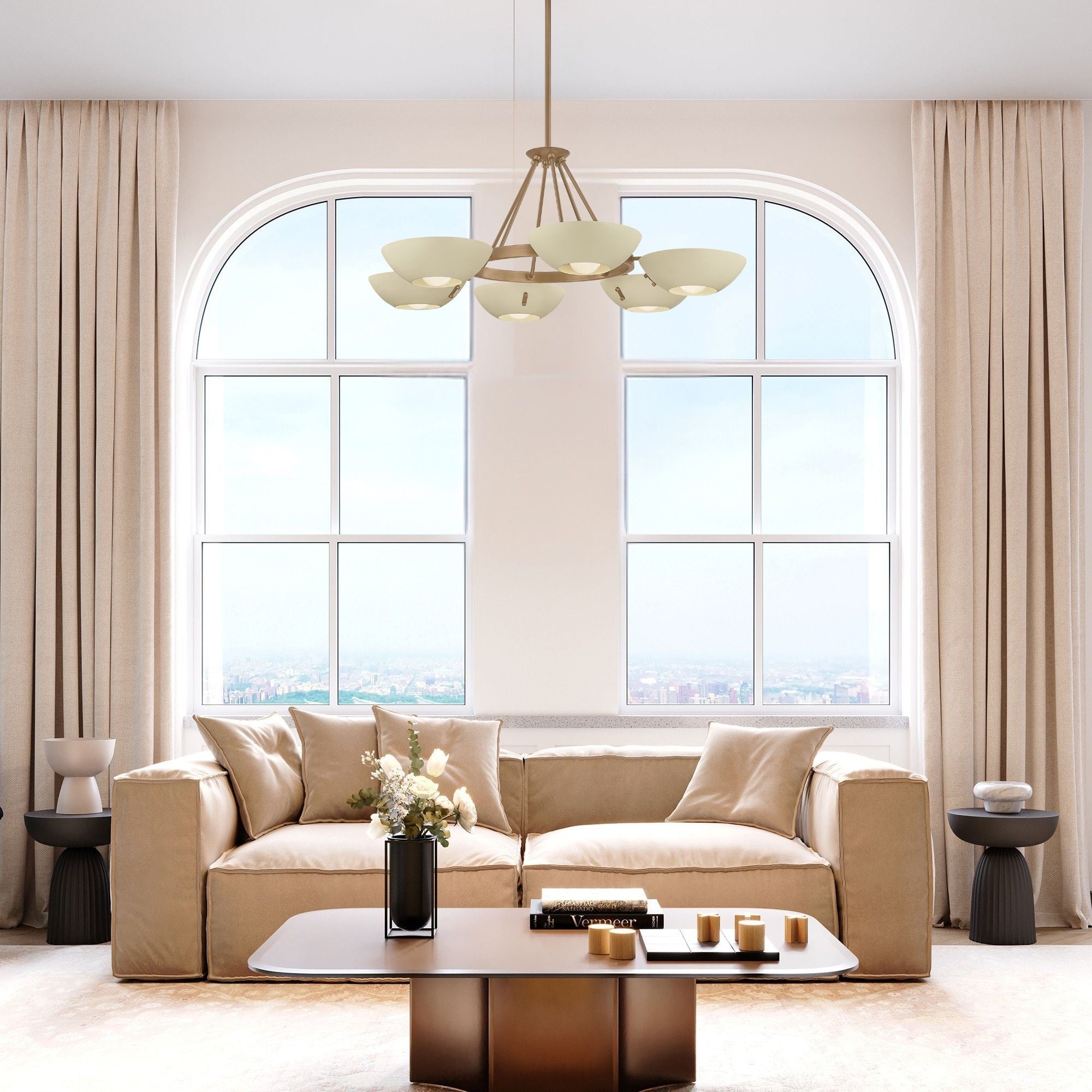 Troy Alturas Chandelier, Patina Brass with Soft Sand Bowl Shades