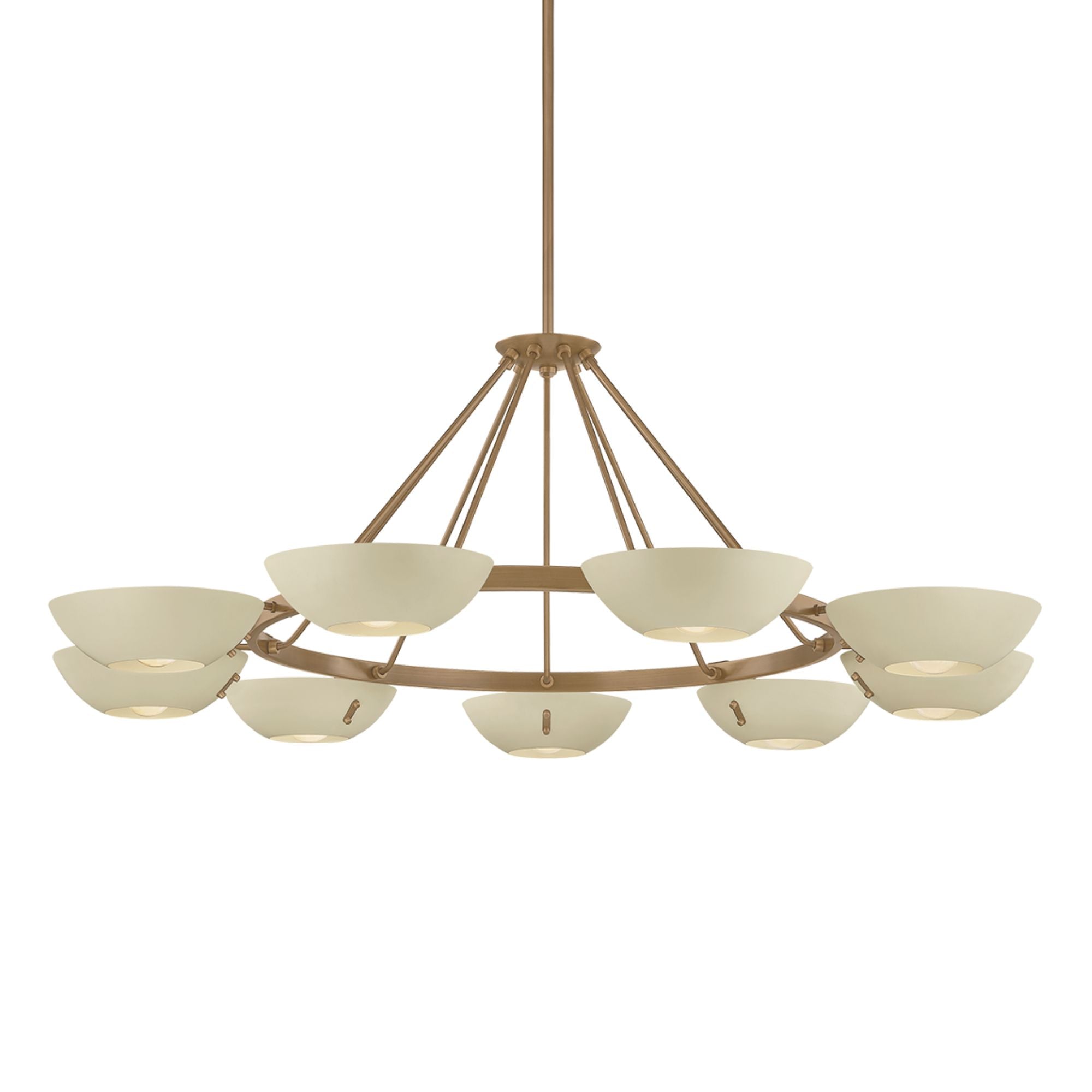 Troy Alturas 55 in. 9-Light Chandelier, Patina Brass with Soft Sand Bowl Shades