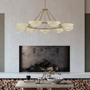 Patina brass 9-light chandelier with soft sand bowl shades