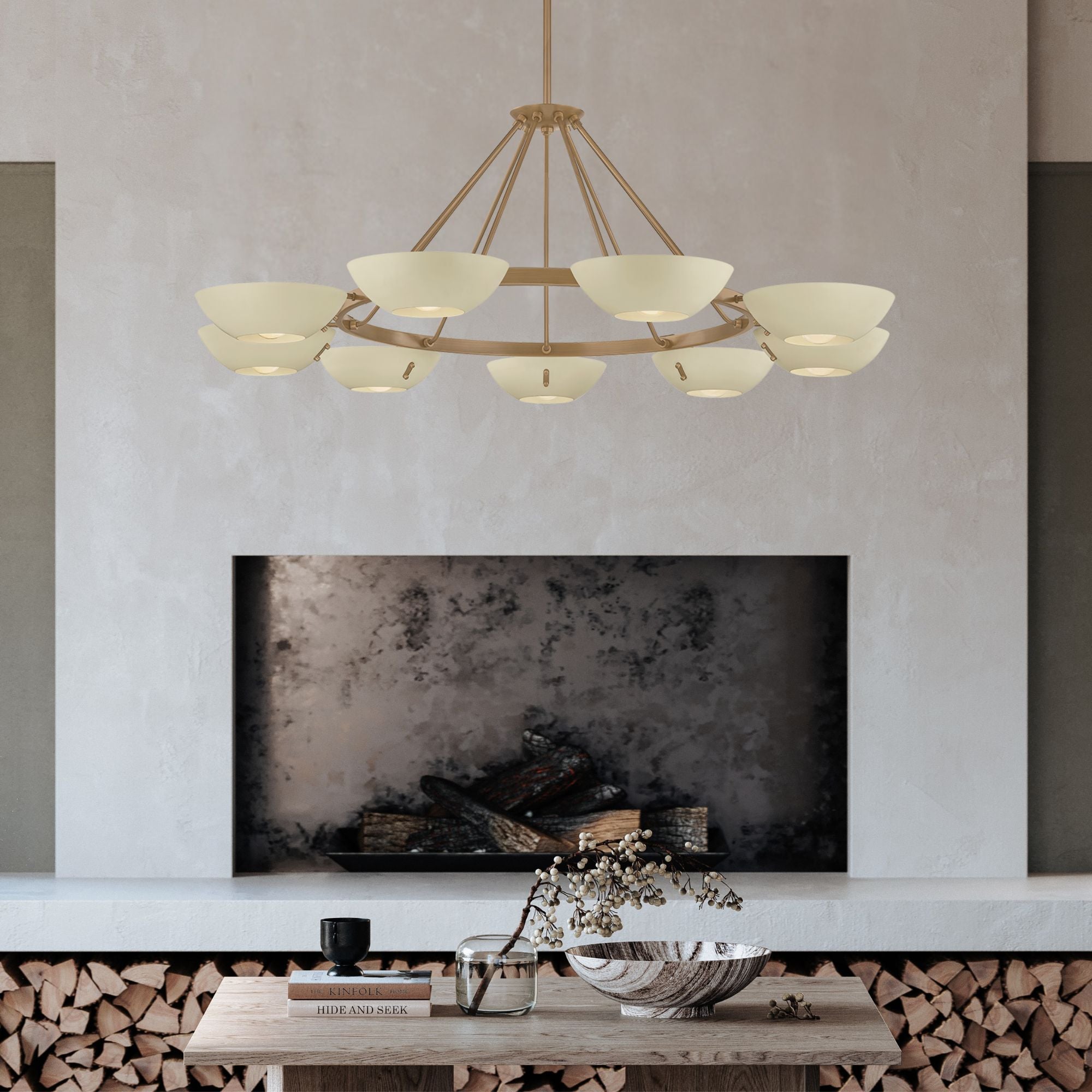 Troy Alturas 55 in. 9-Light Chandelier, Patina Brass with Soft Sand Bowl Shades