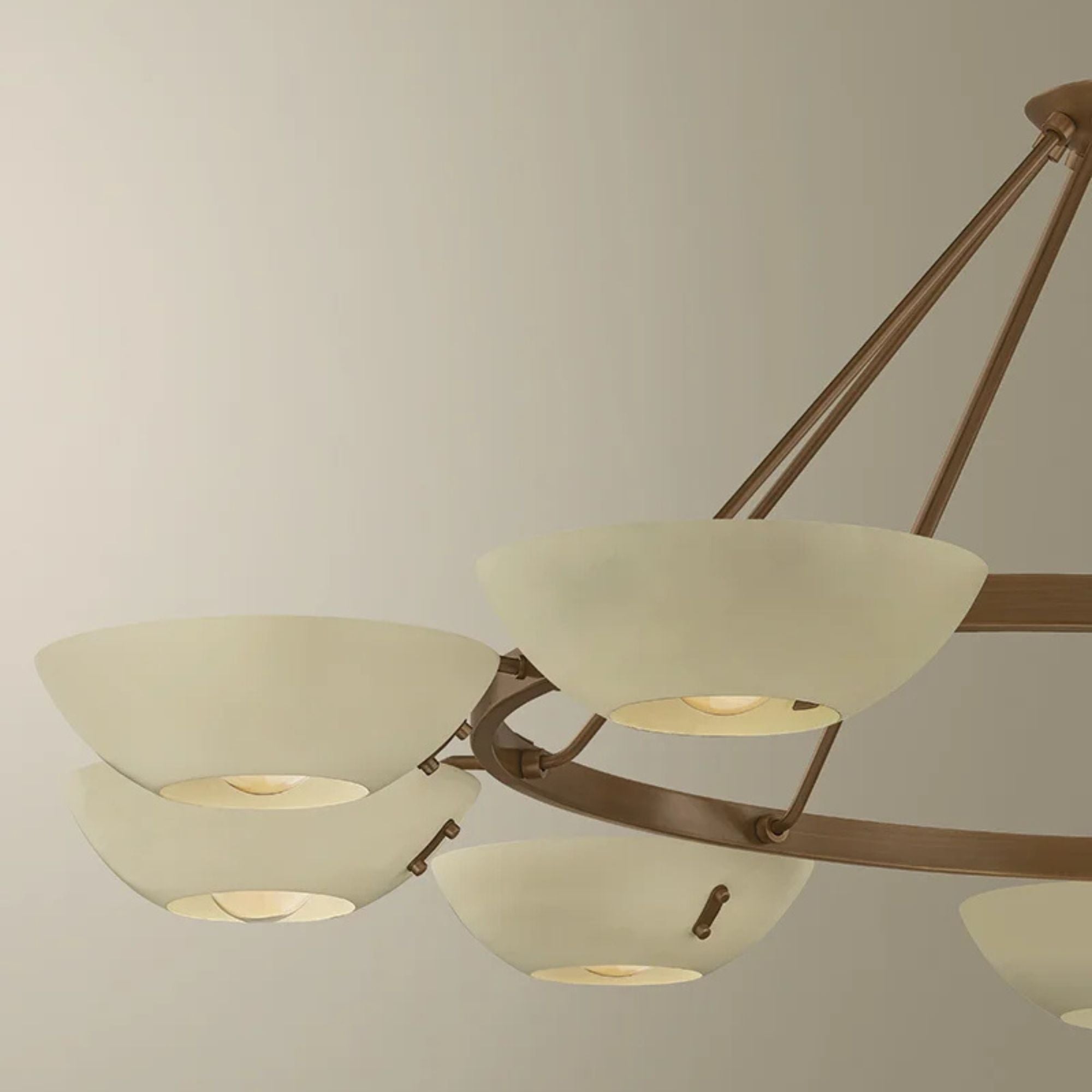 Troy Alturas 55 in. 9-Light Chandelier, Patina Brass with Soft Sand Bowl Shades