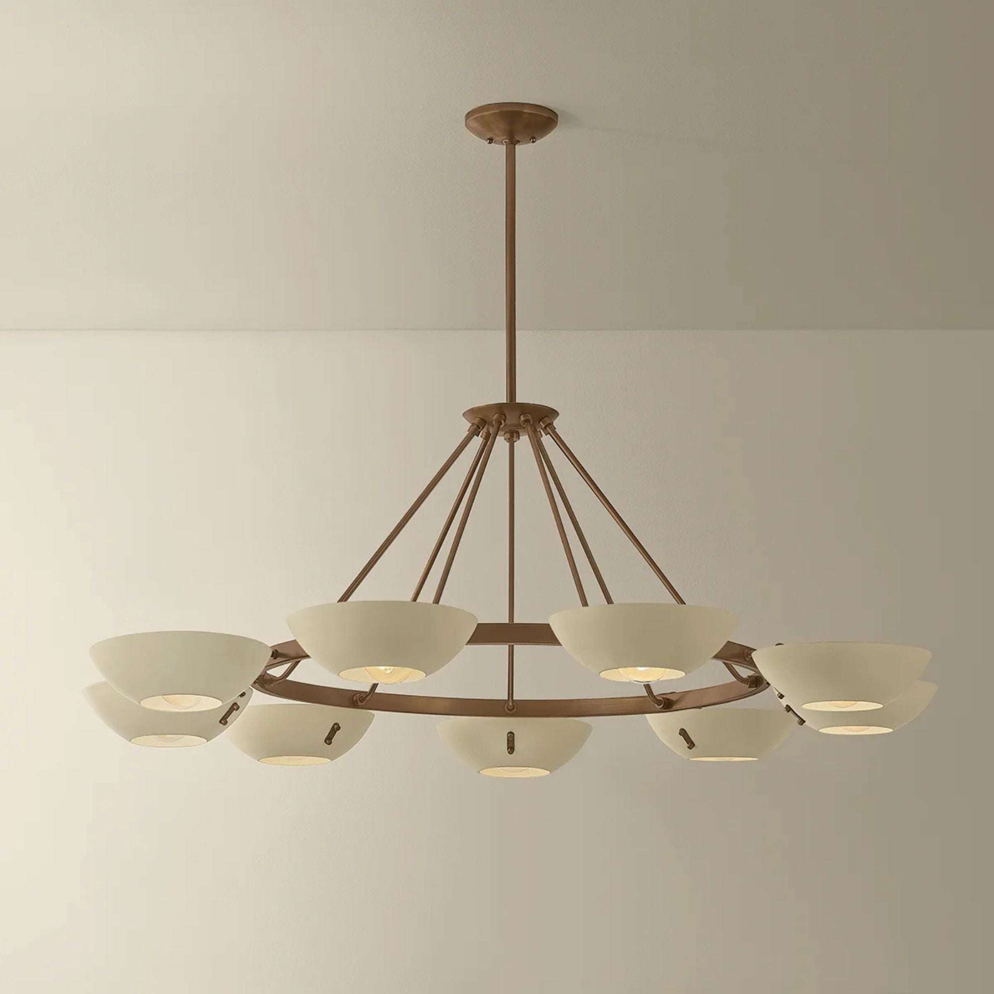 Troy Alturas 55 in. 9-Light Chandelier, Patina Brass with Soft Sand Bowl Shades