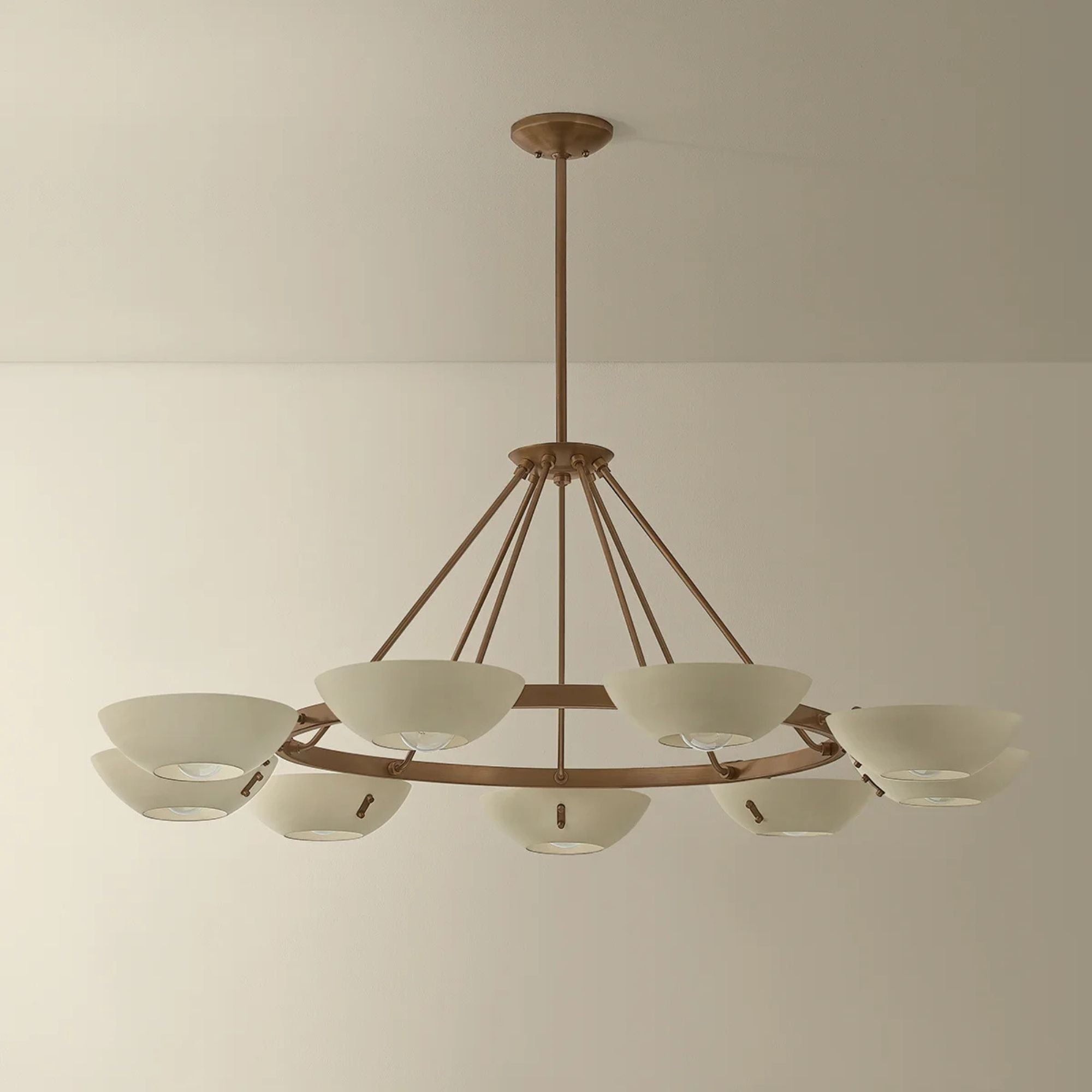 Troy Alturas Chandelier, Patina Brass with Soft Sand Bowl Shades