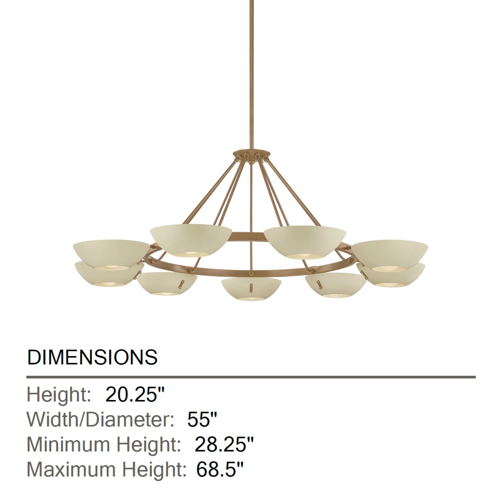 Troy Alturas 55 in. 9-Light Chandelier, Patina Brass with Soft Sand Bowl Shades