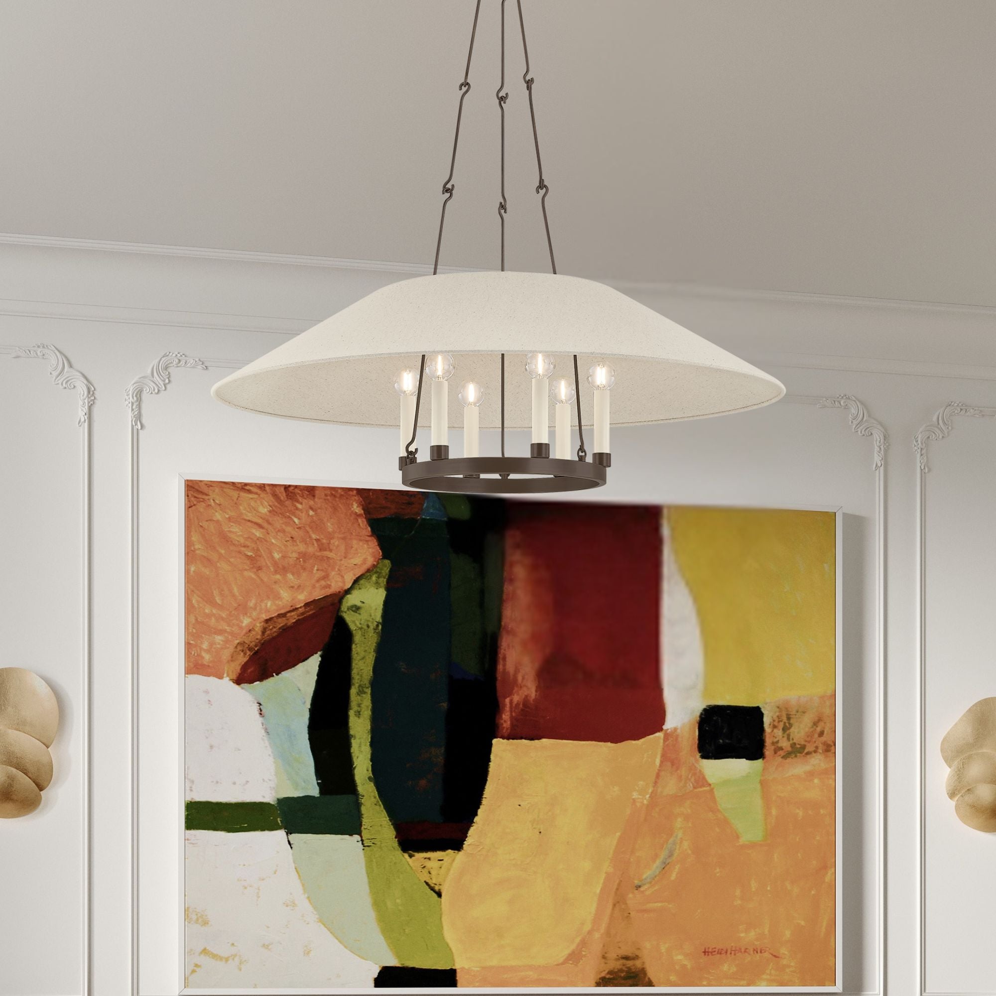Troy Archive 38 in. 6-Light Chandelier, Bronze with Natural Linen Shade