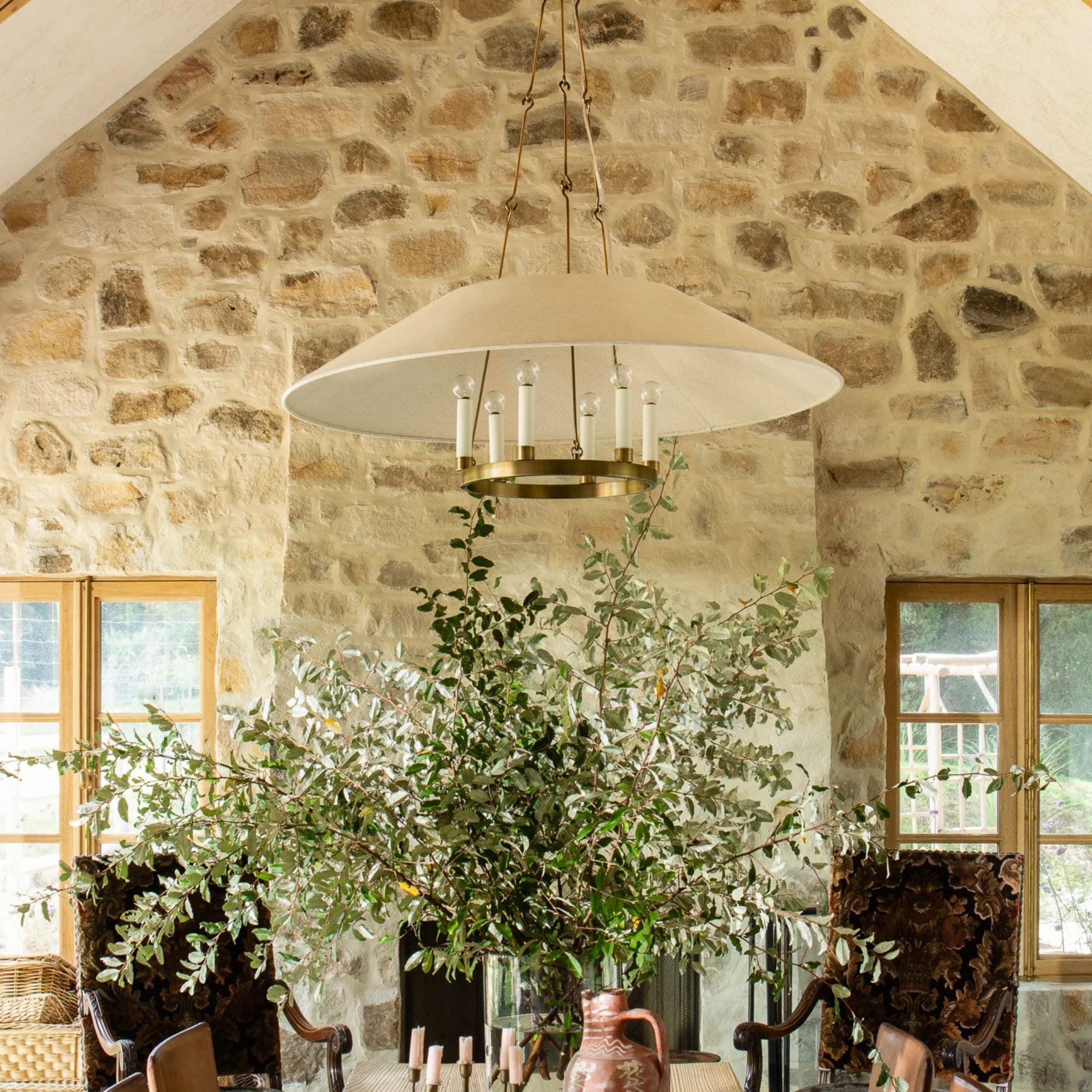 Troy Archive 38 in. 6-Light Chandelier, Patina Brass with Natural Linen Shade