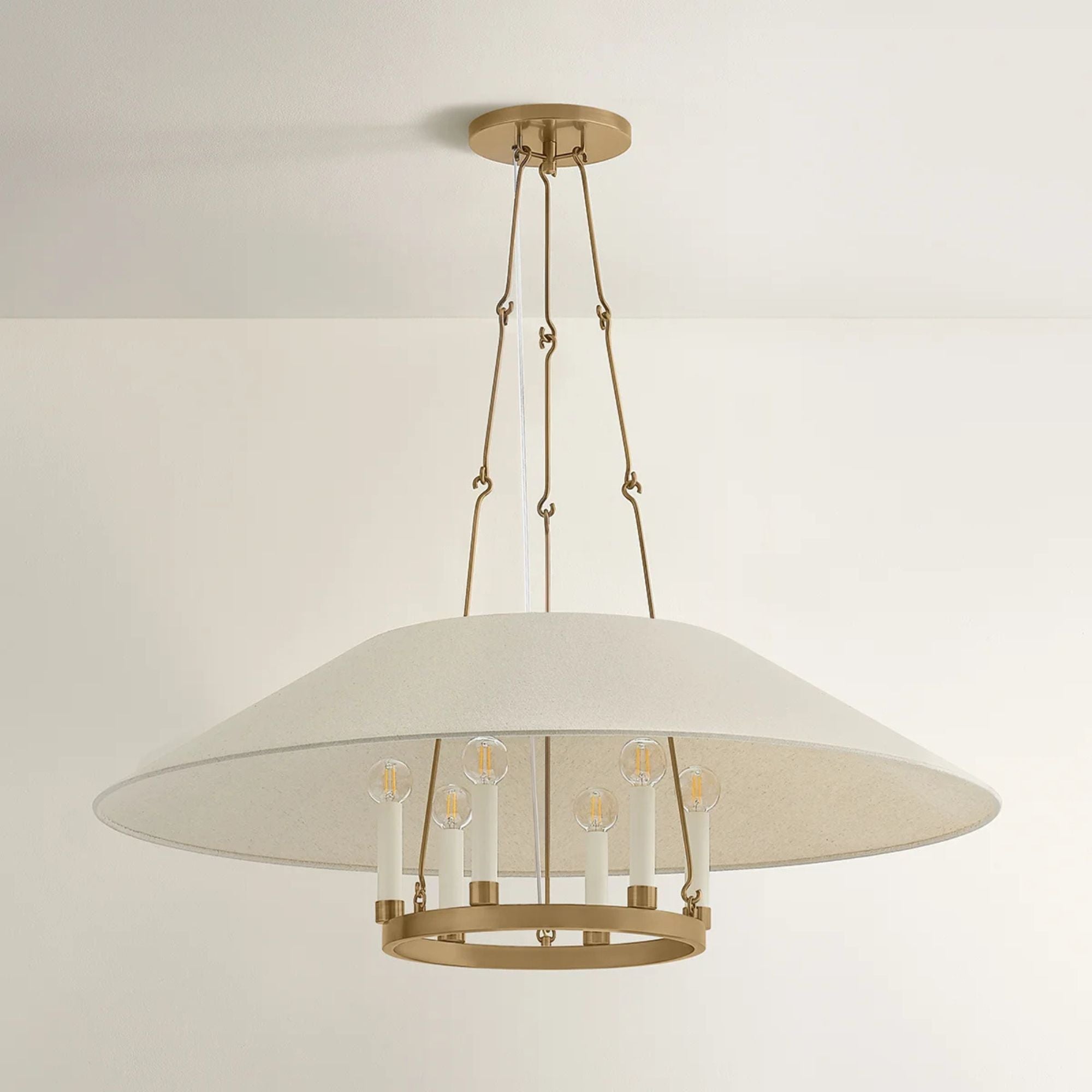 Troy Archive 38 in. 6-Light Chandelier, Patina Brass with Natural Linen Shade
