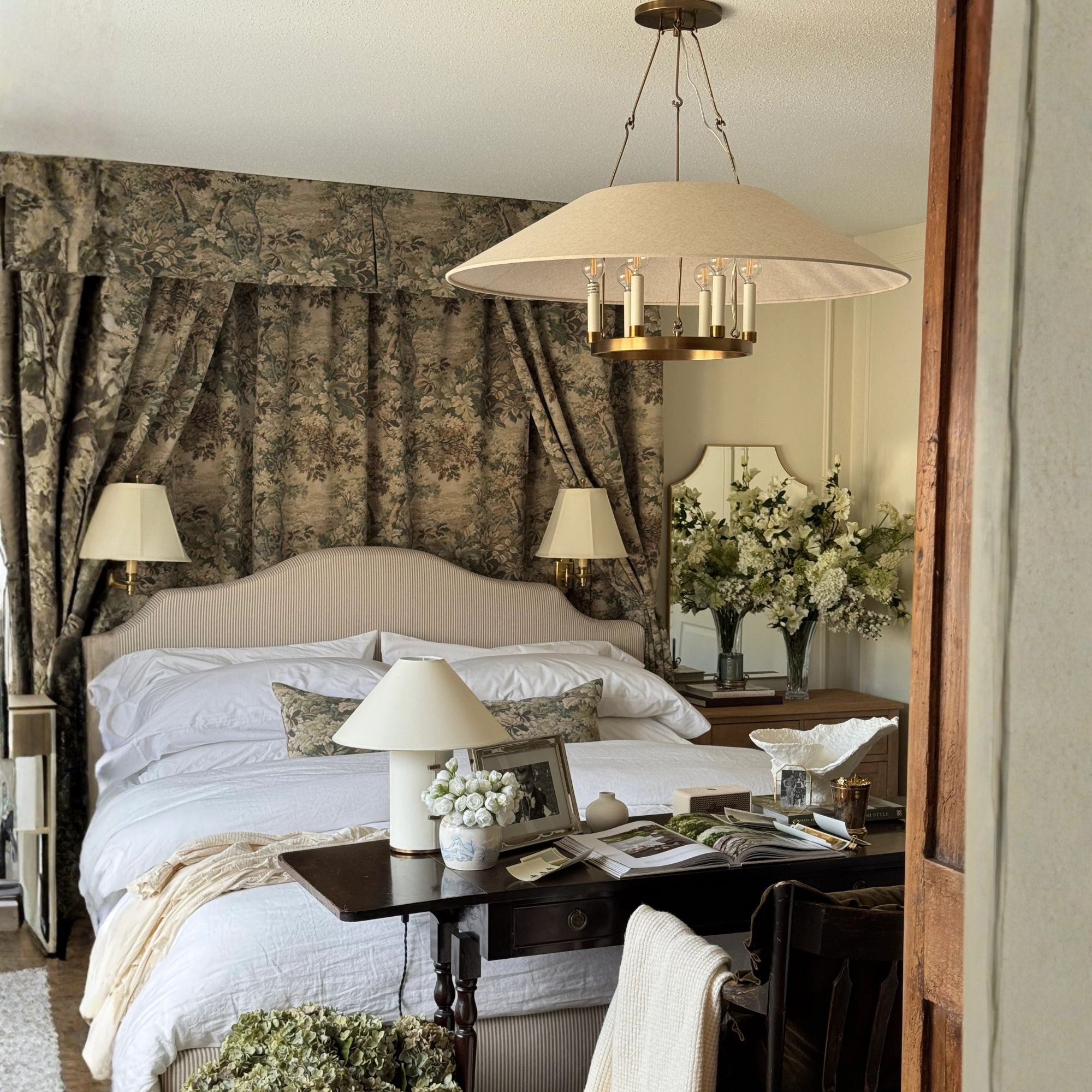 Troy Archive 38 in. 6-Light Chandelier, Patina Brass with Natural Linen Shade