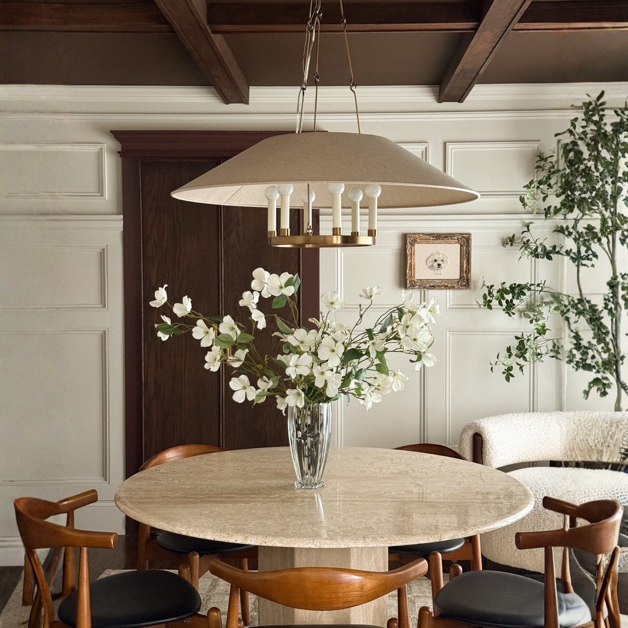 Troy Archive 38 in. 6-Light Chandelier, Patina Brass with Natural Linen Shade