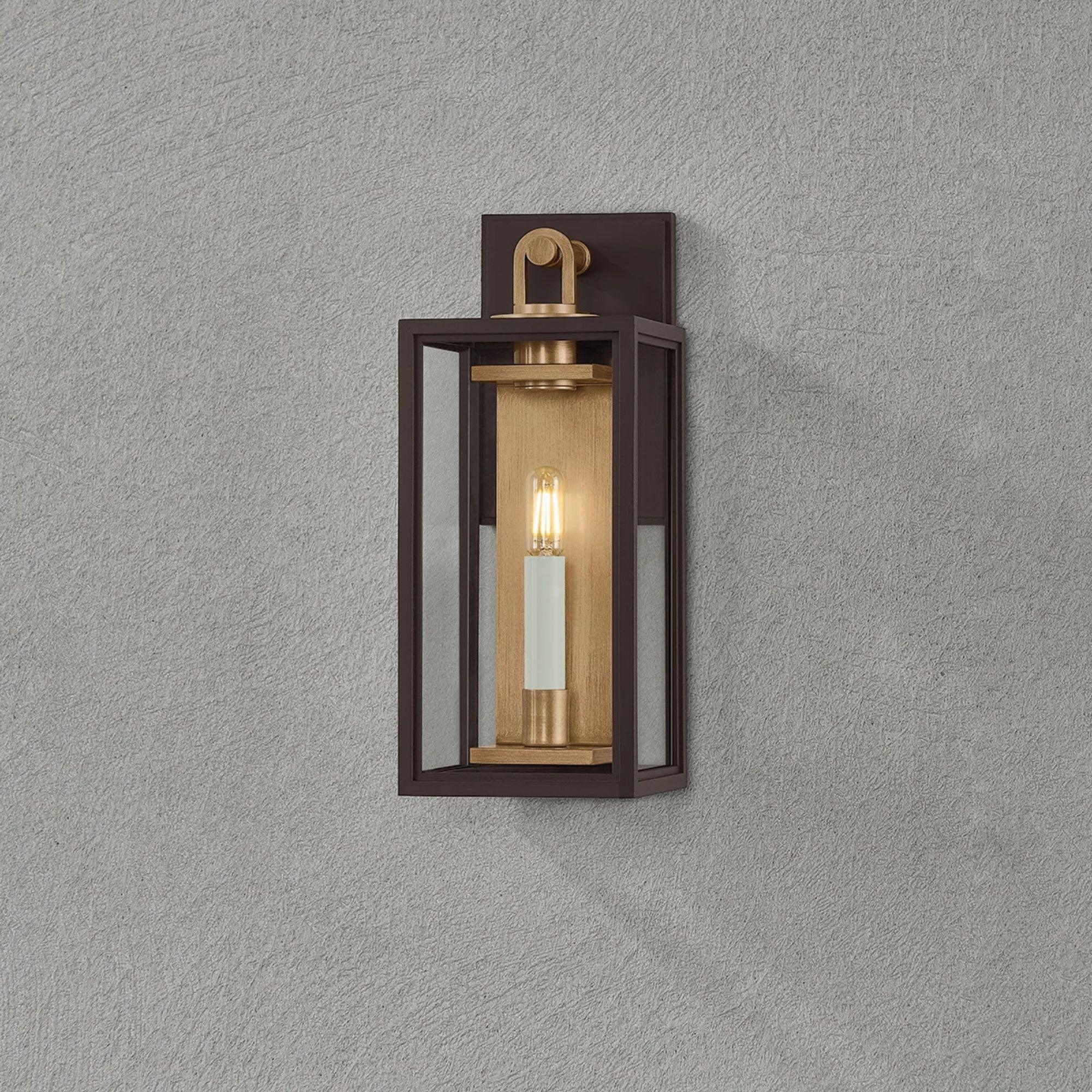 Arnold 15" Outdoor Wall Sconce, Patina Brass/Textured Bronze Finish