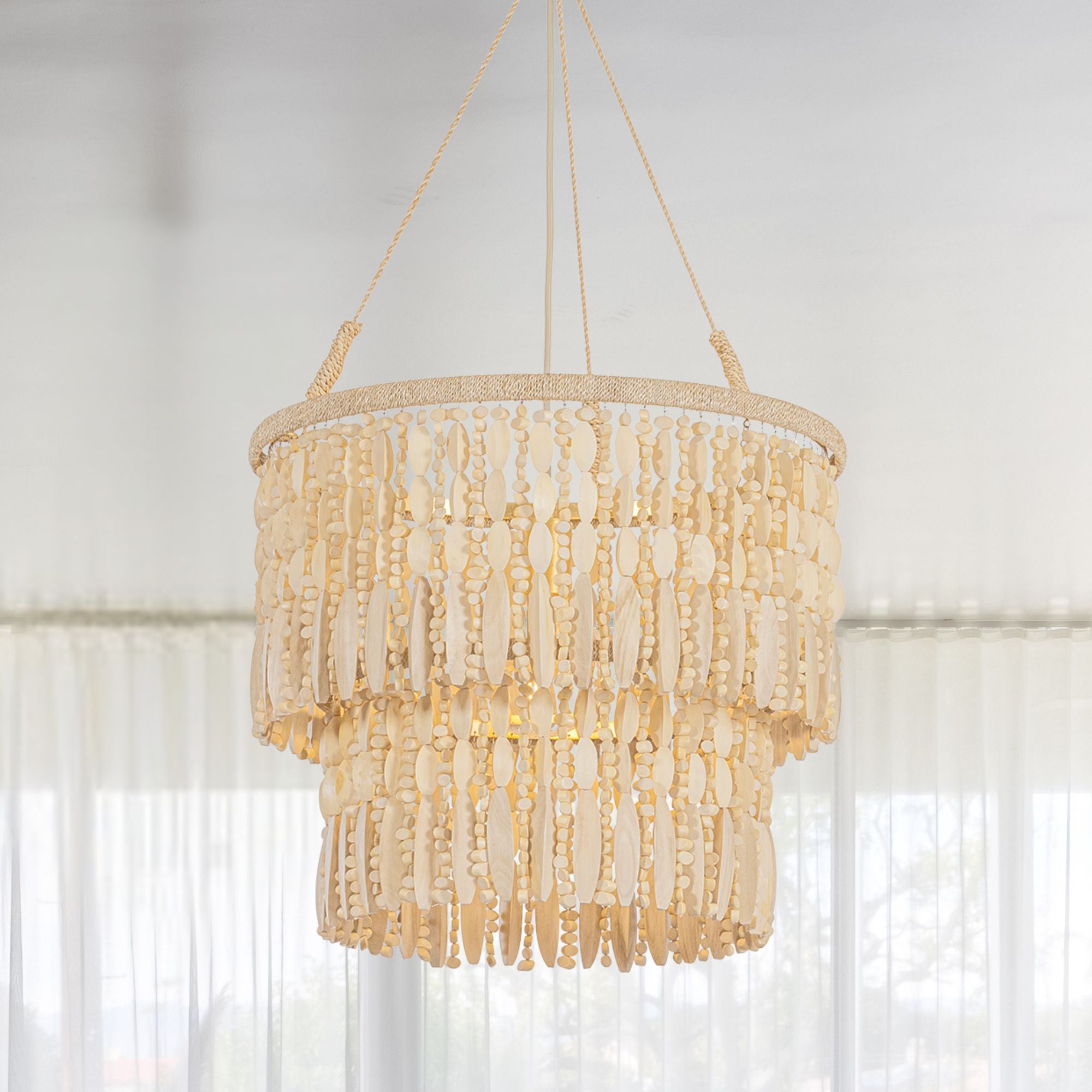 Troy Ben 22 in. Pendant Light, Vintage Gold Leaf with Wood Beads