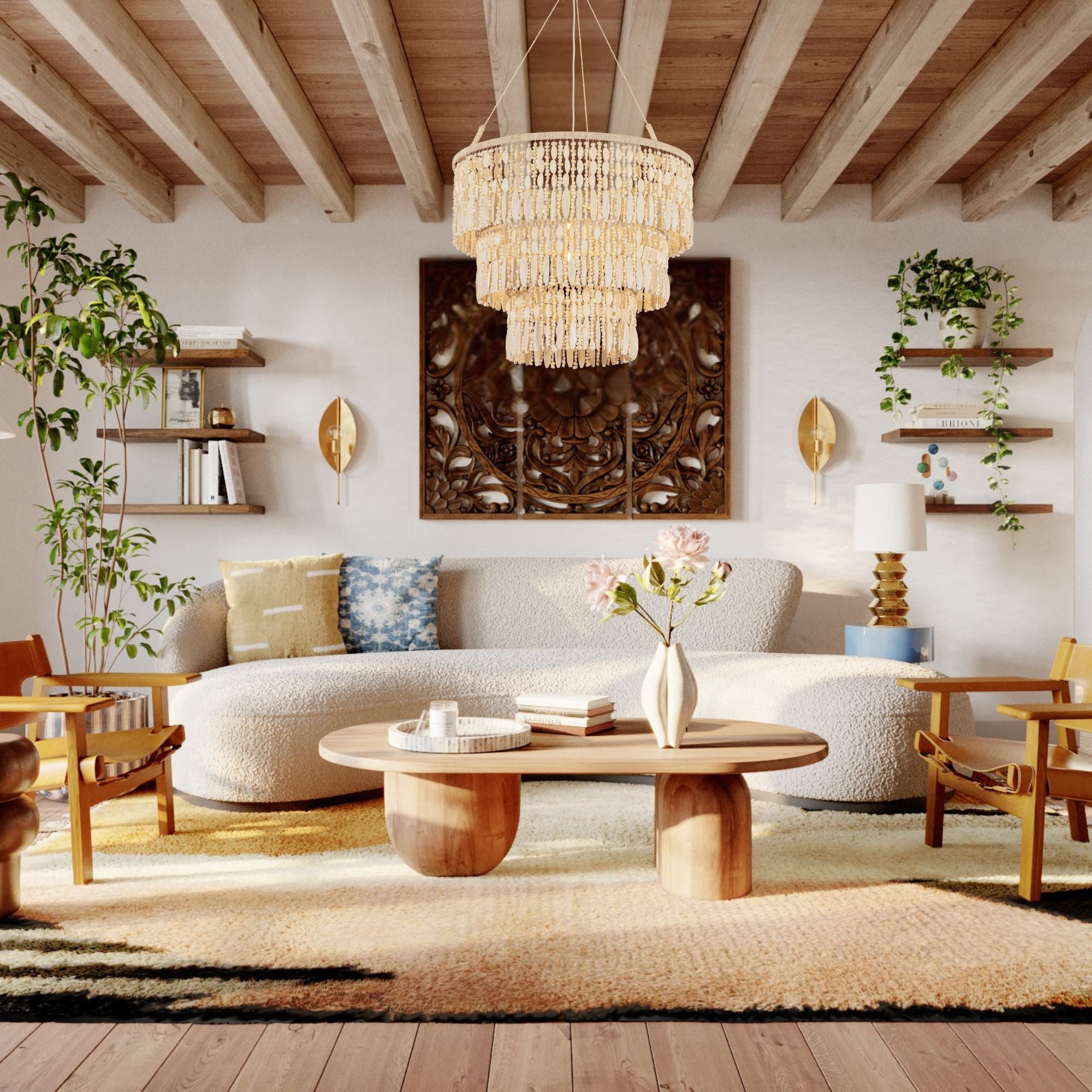 Troy Ben Pendant Light, Vintage Gold Leaf with Wood Beads