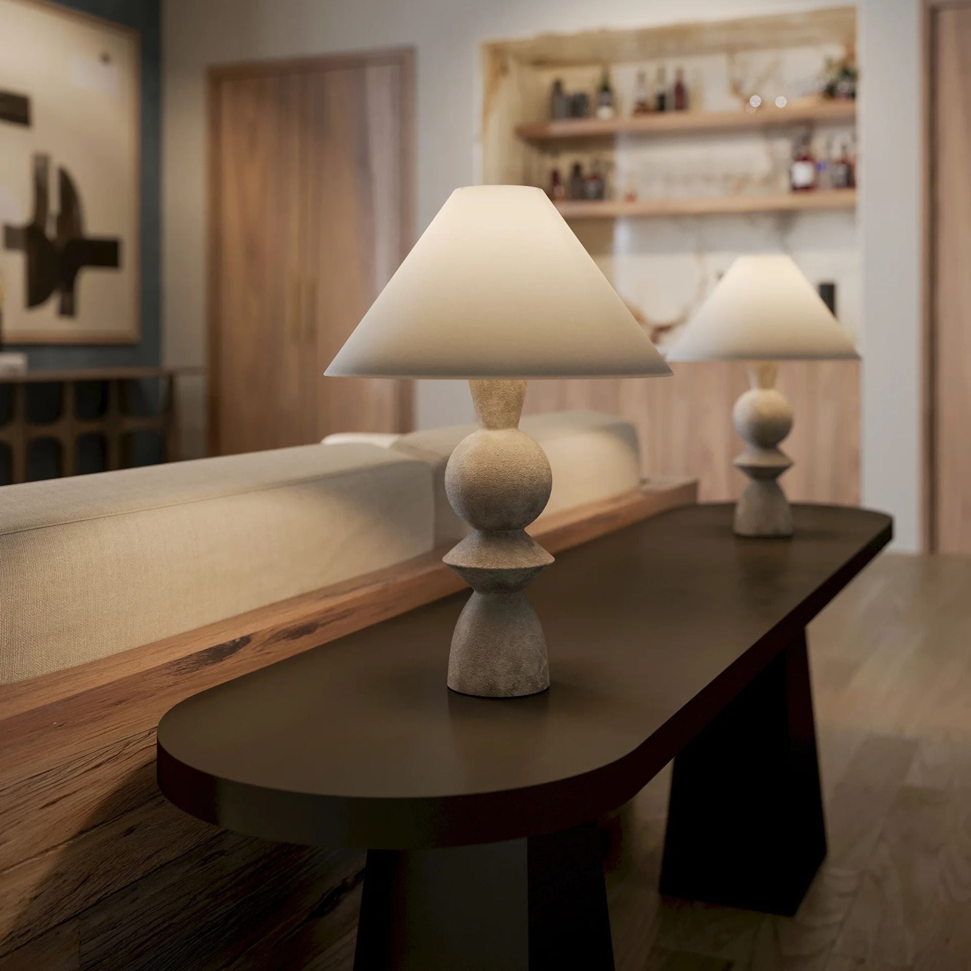Cyrah 29" Table Lamp, Patina Brass/Ceramic Lunar Grey Finish