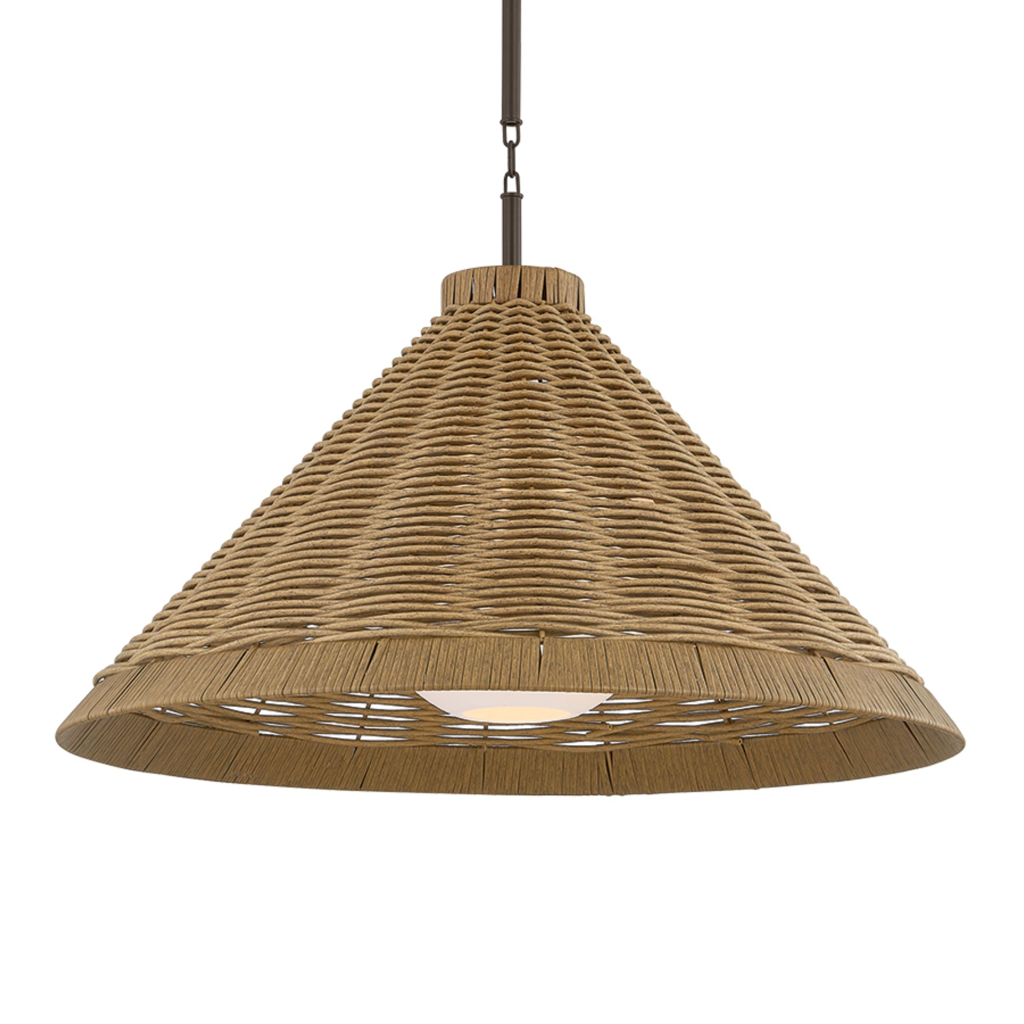 Troy Devlin 28 in. Pendant Light, Bronze with Natural Woven All Weather Wicker Shade & Opal Matte Acrylic Globe