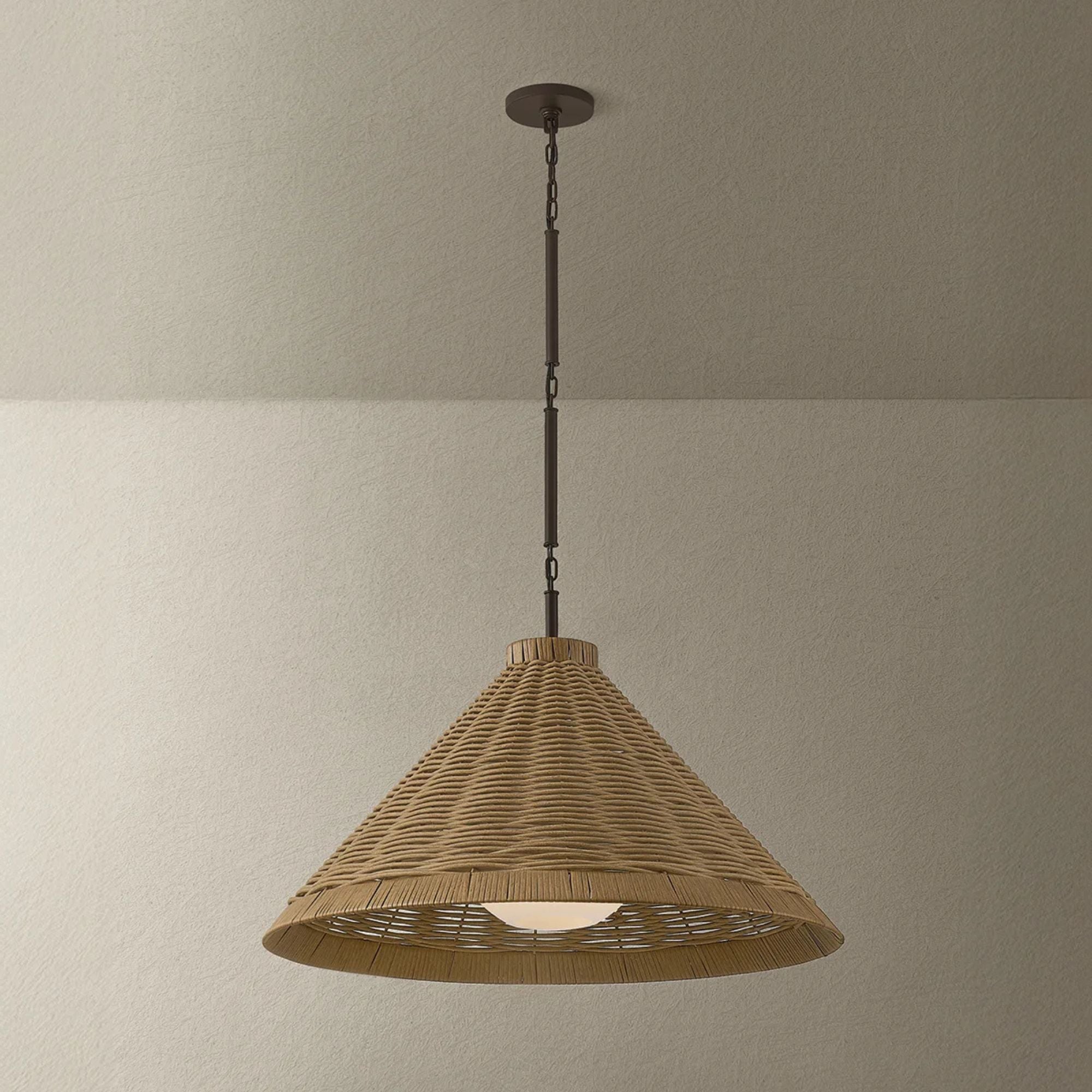 Troy Devlin 28 in. Pendant Light, Bronze with Natural Woven All Weather Wicker Shade & Opal Matte Acrylic Globe