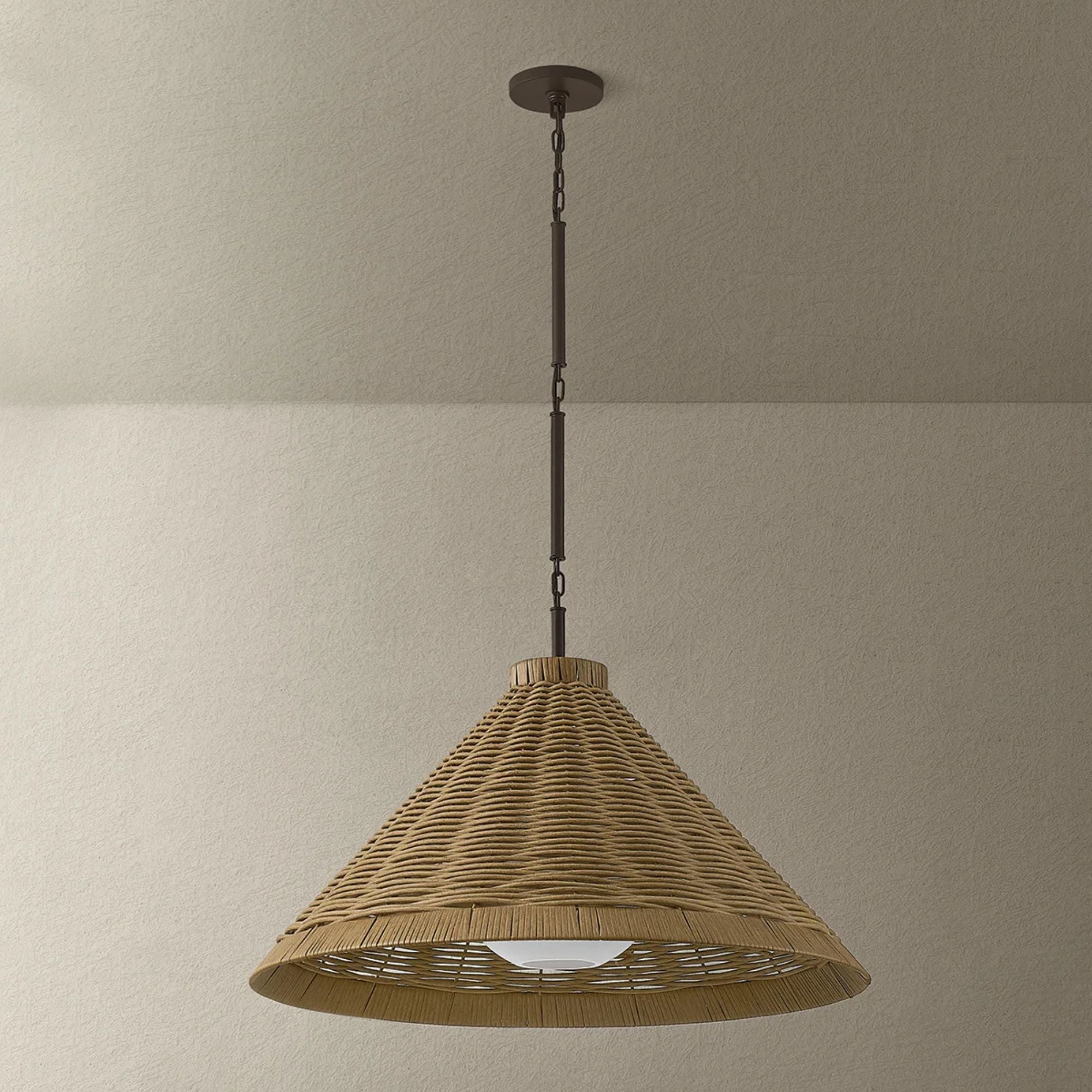 Troy Devlin 28 in. Pendant Light, Bronze with Natural Woven All Weather Wicker Shade & Opal Matte Acrylic Globe