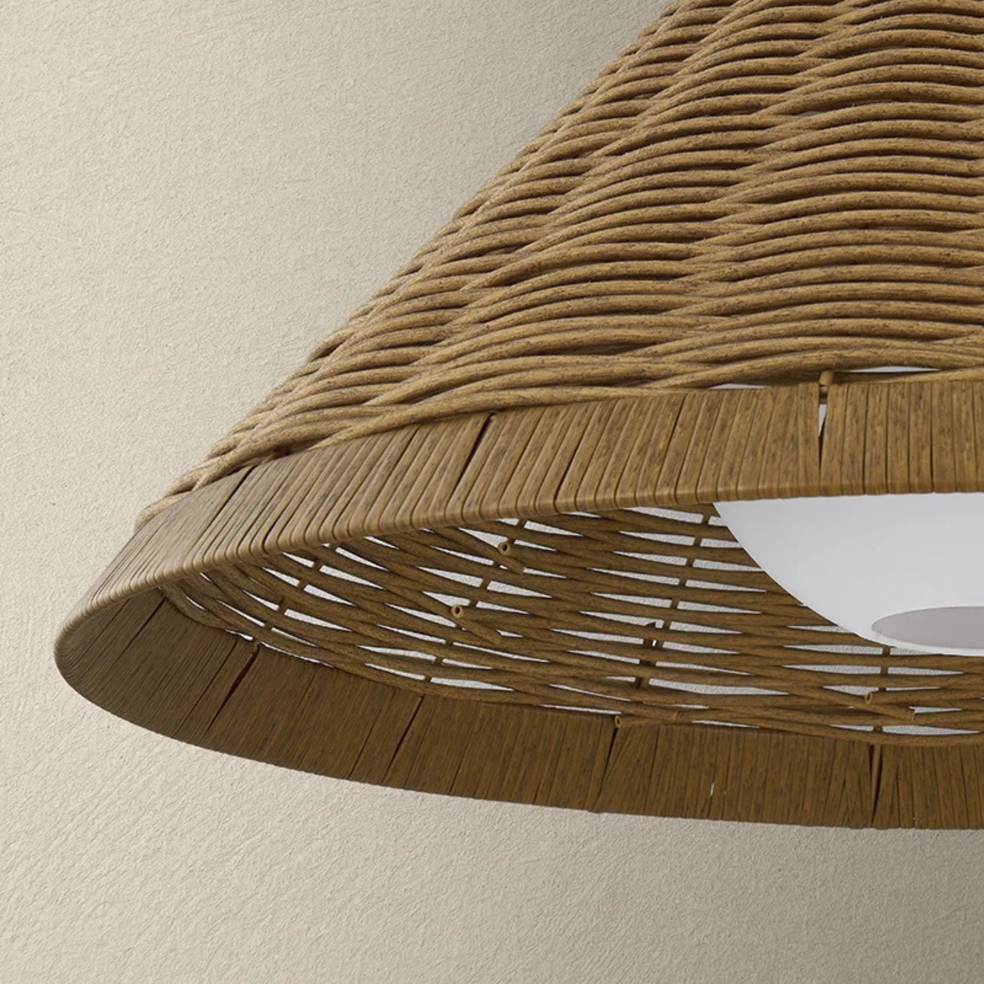 Troy Devlin 28 in. Pendant Light, Bronze with Natural Woven All Weather Wicker Shade & Opal Matte Acrylic Globe