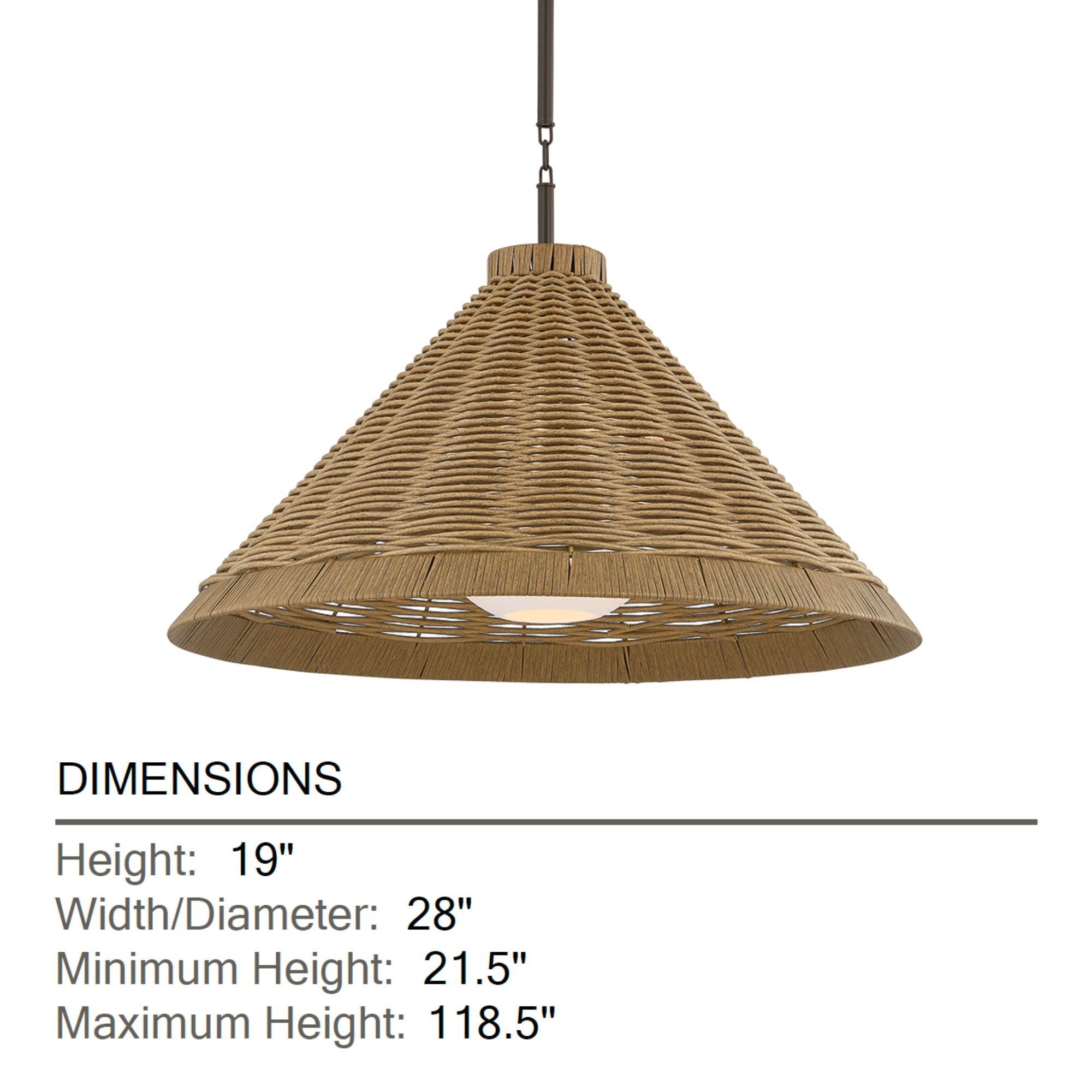 Troy Devlin 28 in. Pendant Light, Bronze with Natural Woven All Weather Wicker Shade & Opal Matte Acrylic Globe