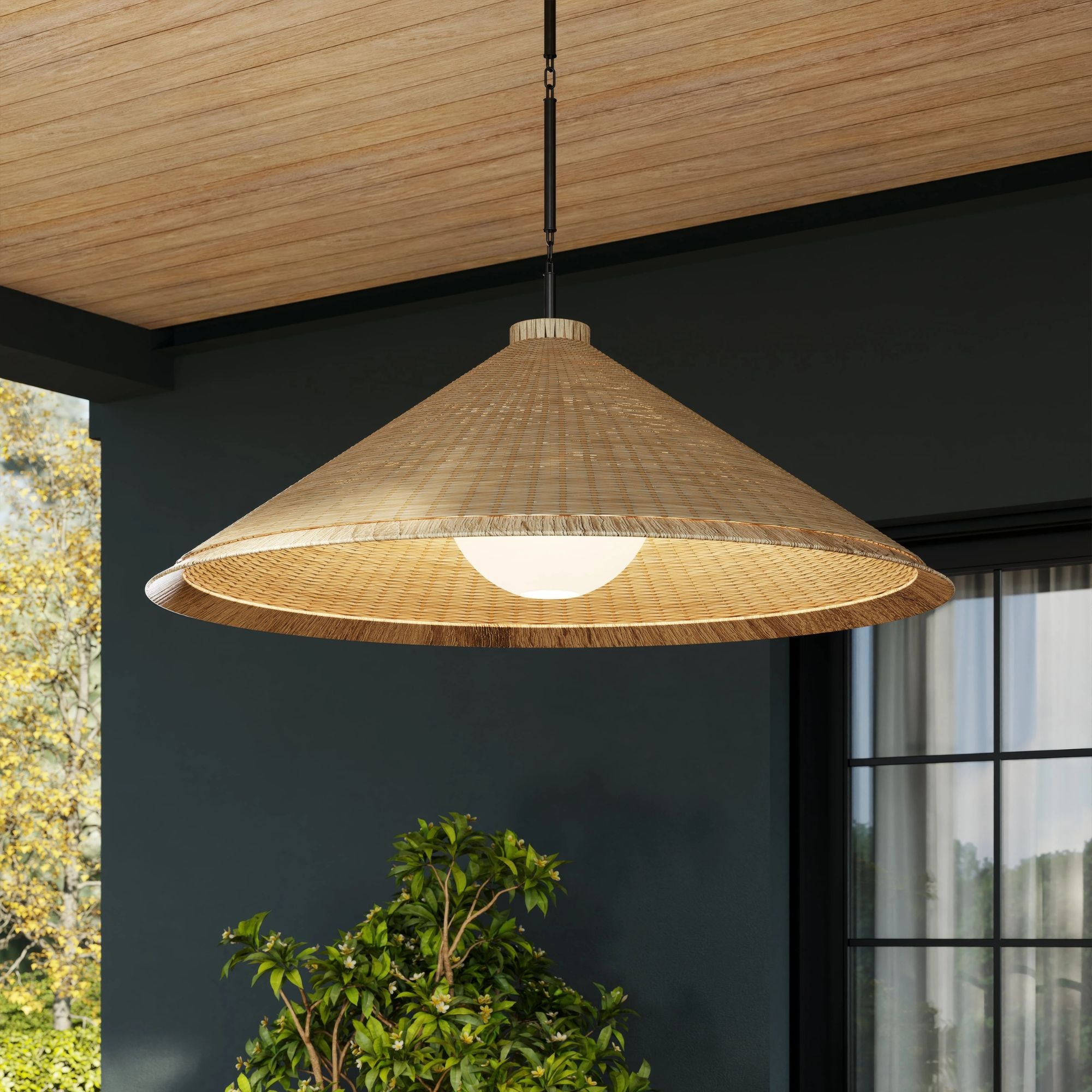 Troy Devlin 44 in. Pendant Light, Bronze with Natural Woven & Opal Matte Acrylic Shade