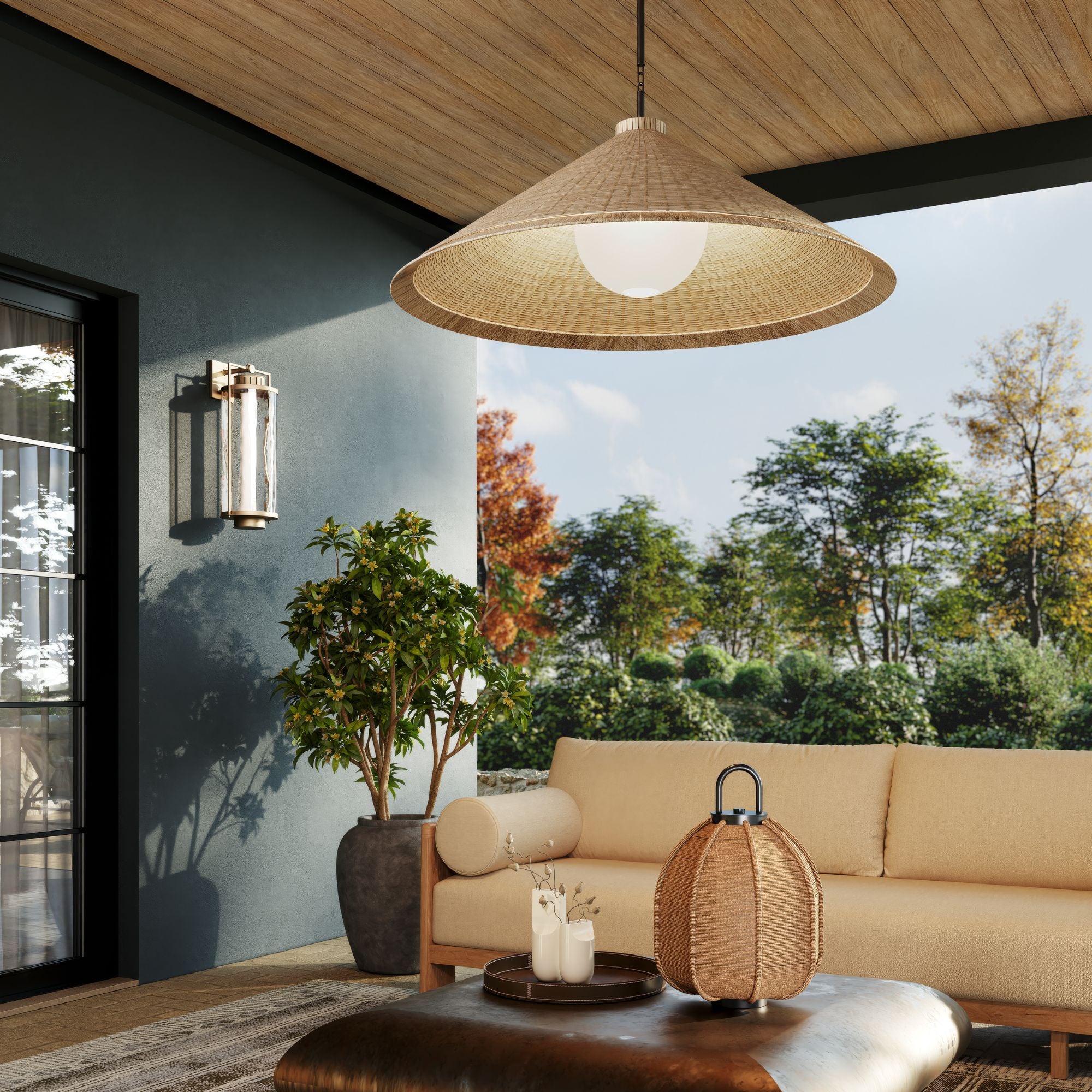 Troy Devlin Pendant Light, Bronze with Natural Woven