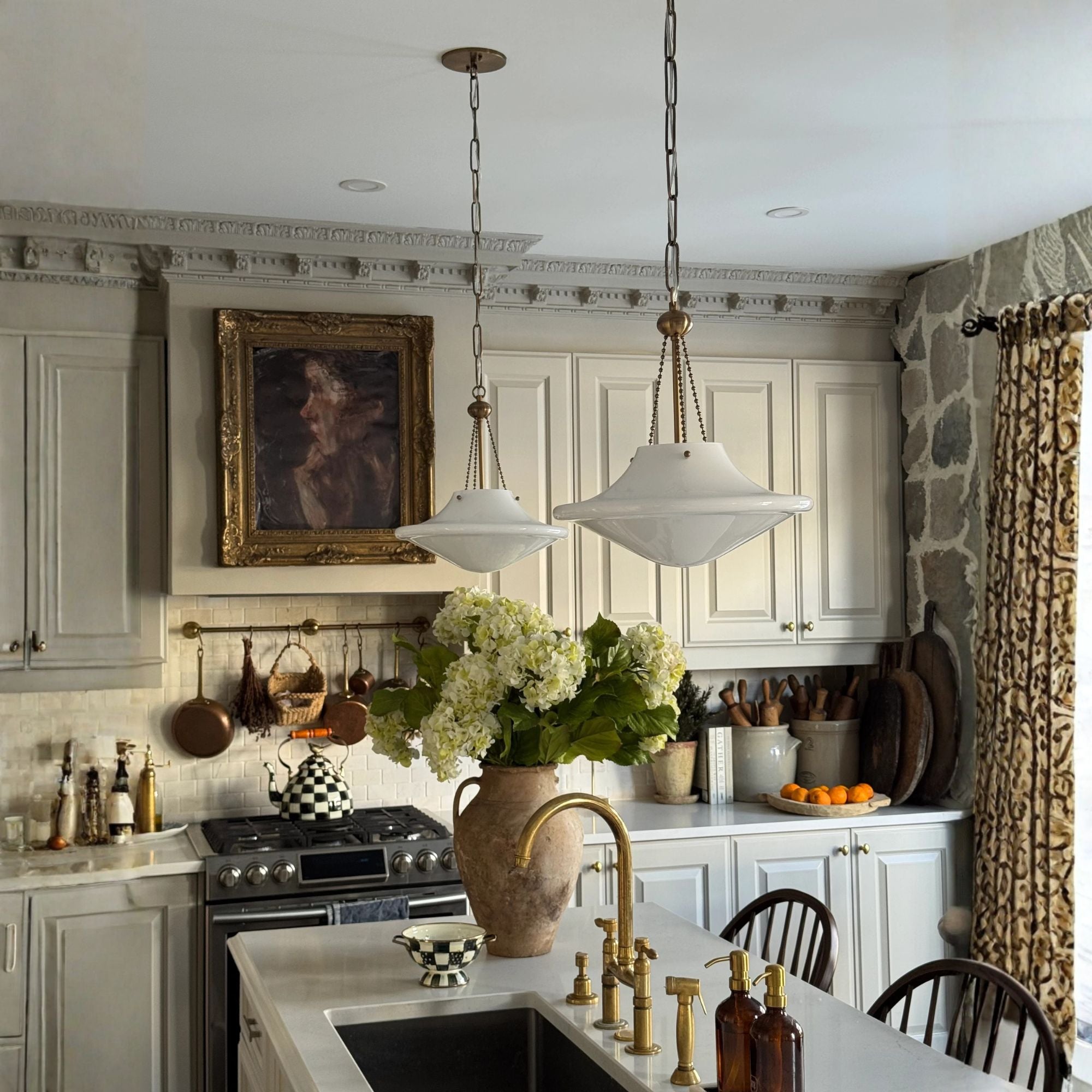 Troy Era Pendant Light, Patina Brass with Opal Glossy Glass