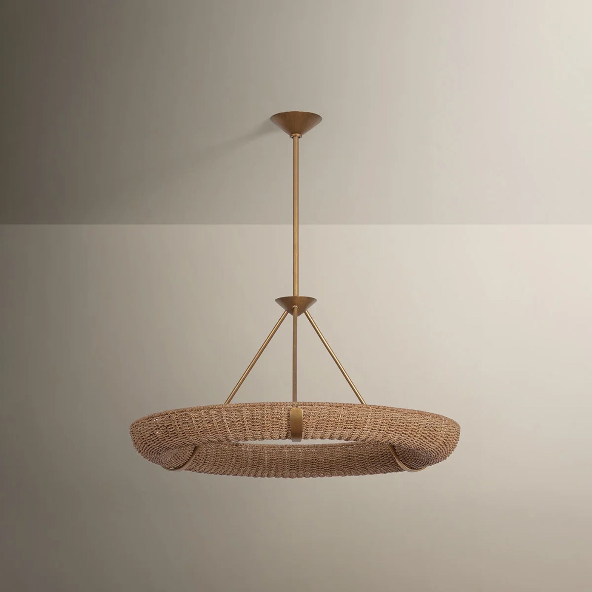 Troy Floyd 36 in. 9-Light Chandelier, Patina Gold Leaf with Natural Woven Abaca Shade