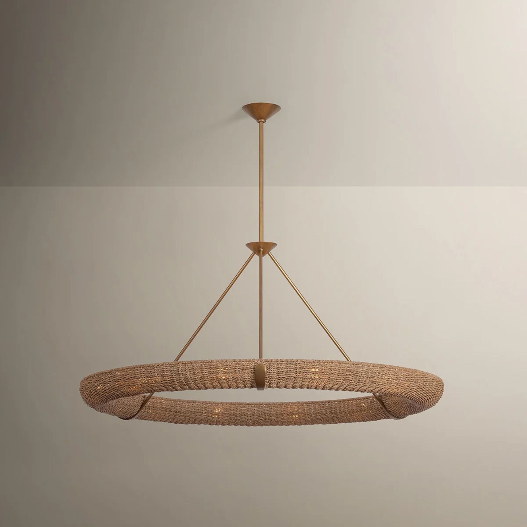 Troy Floyd 52 in. 12-Light Chandelier, Patina Gold Leaf with Natural Woven Abaca Shade