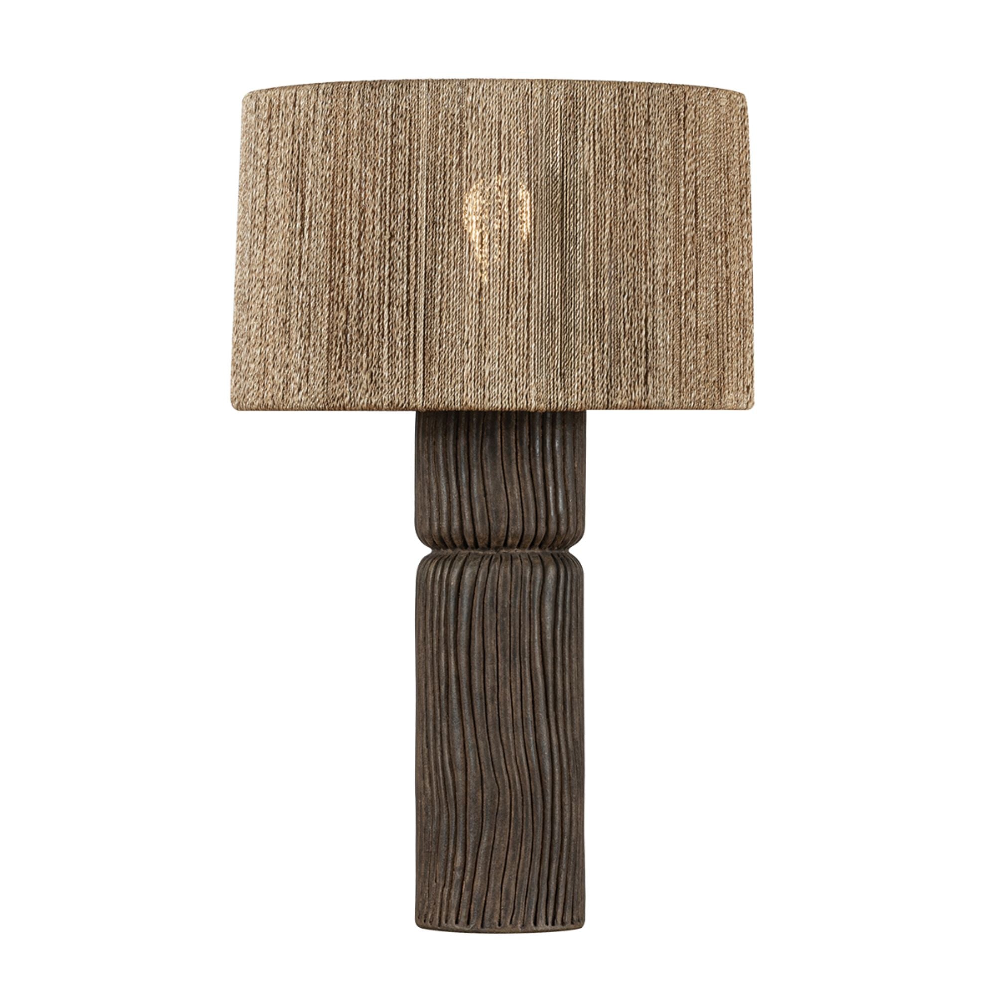 Troy Folk 27.25 in. Table Lamp, Patina Brass & Ceramic Shadowed Bark with Natural Woven Abaca Shade
