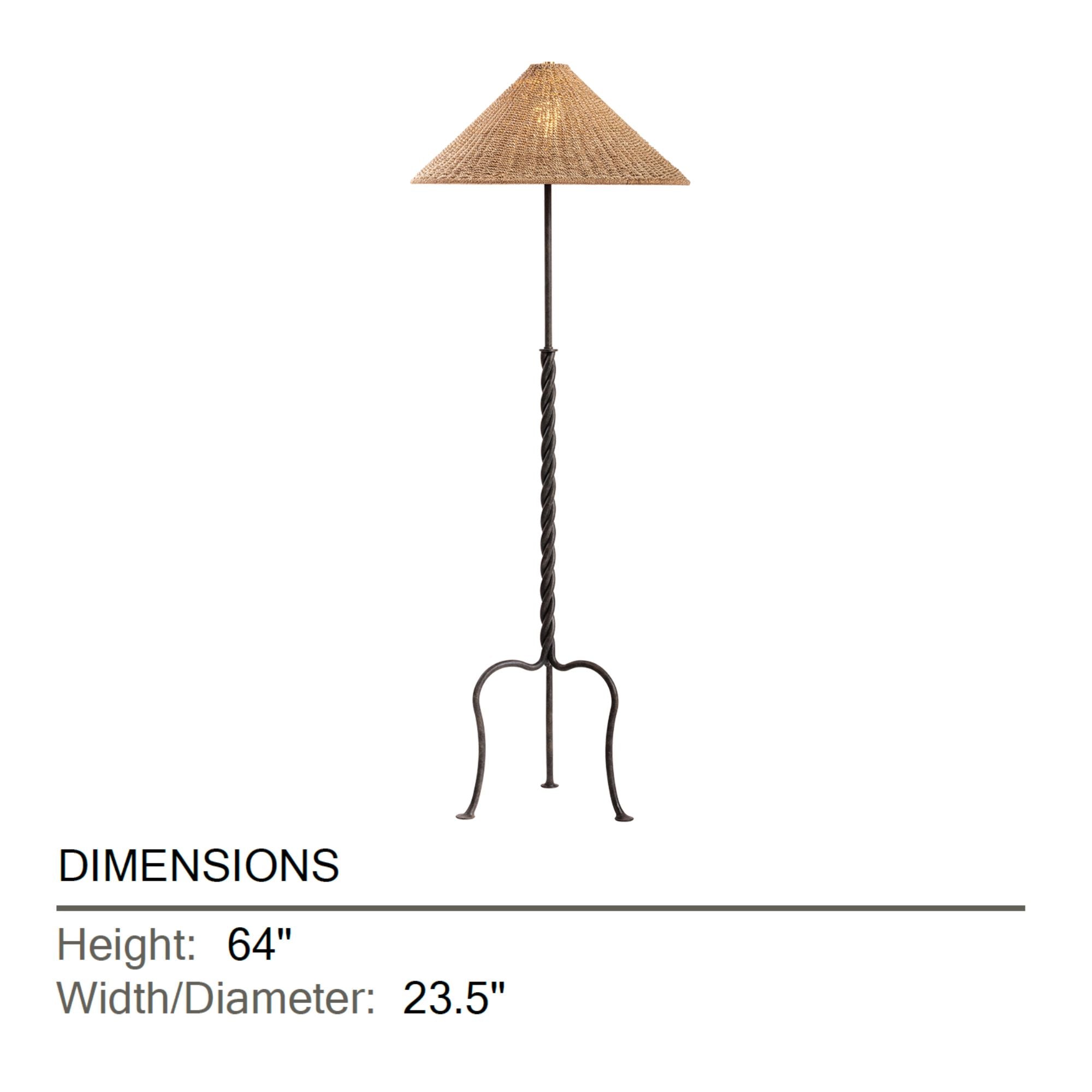 Troy Francisco Floor Lamp, 64 in. Height, French Iron with Natural Woven Abaca Shade