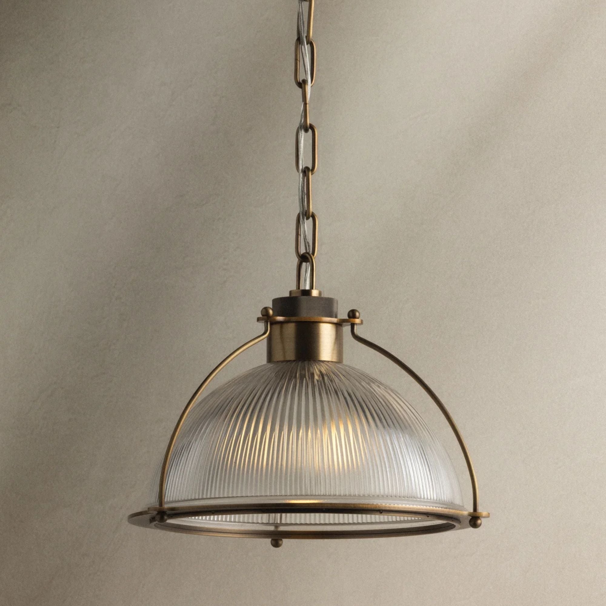 Troy Glint Pendant Light, Patina Brass with Holophane Glass