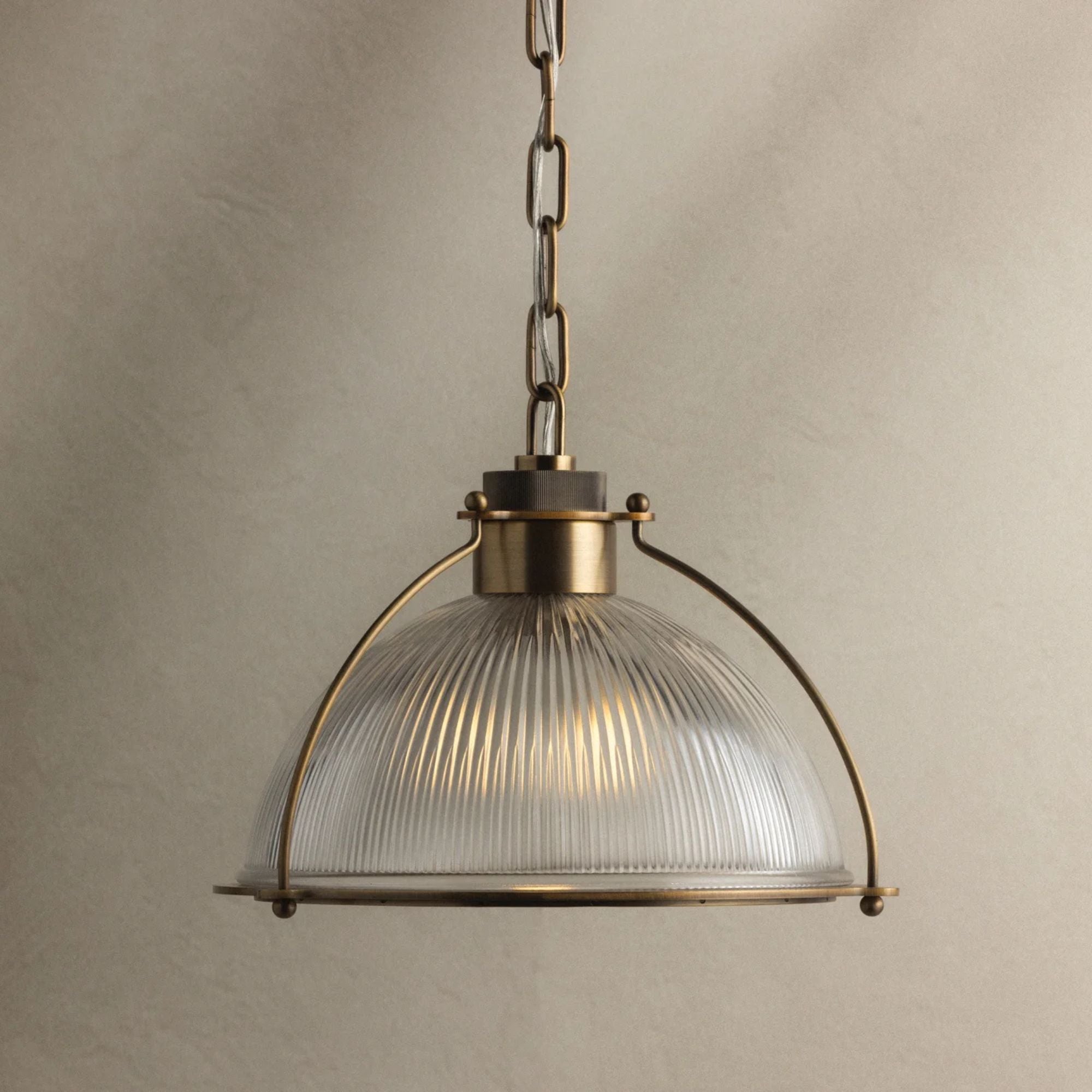 Troy Glint 14 in. Pendant Light, Patina Brass with Holophane Glass