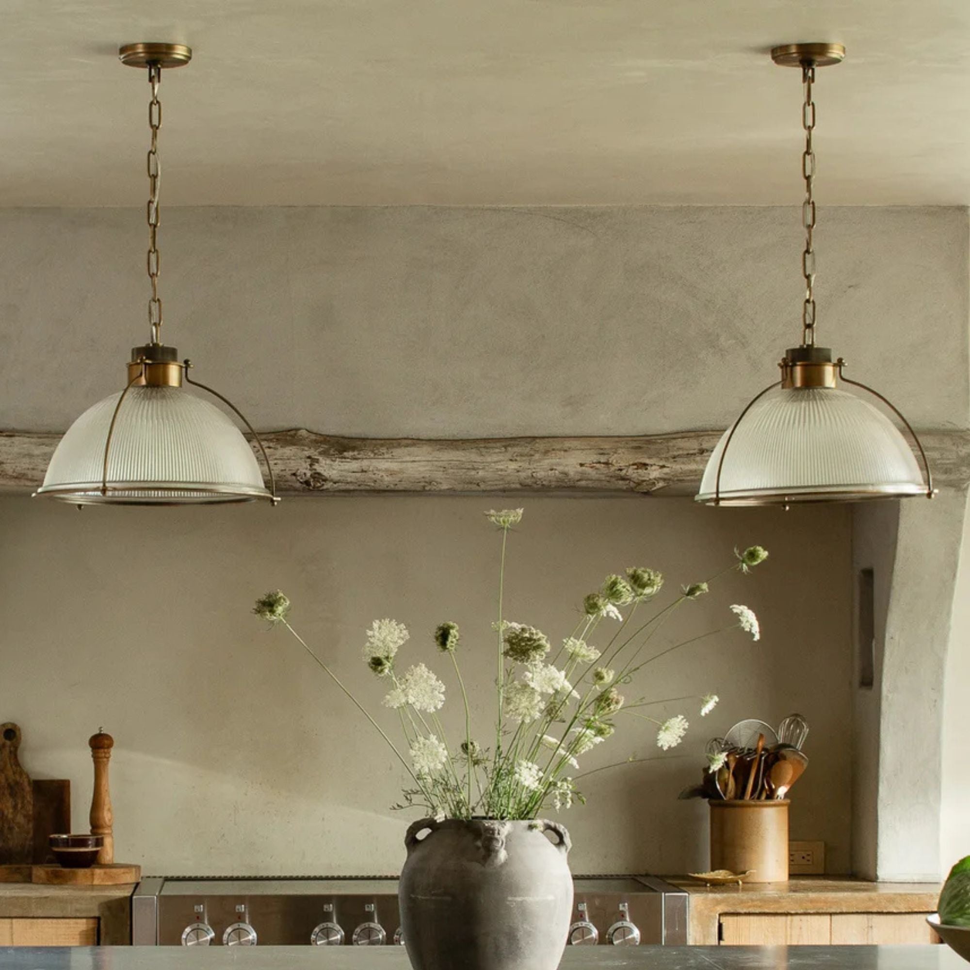 Troy Glint 16.75 in. Pendant Light, Patina Brass with Holophane Glass