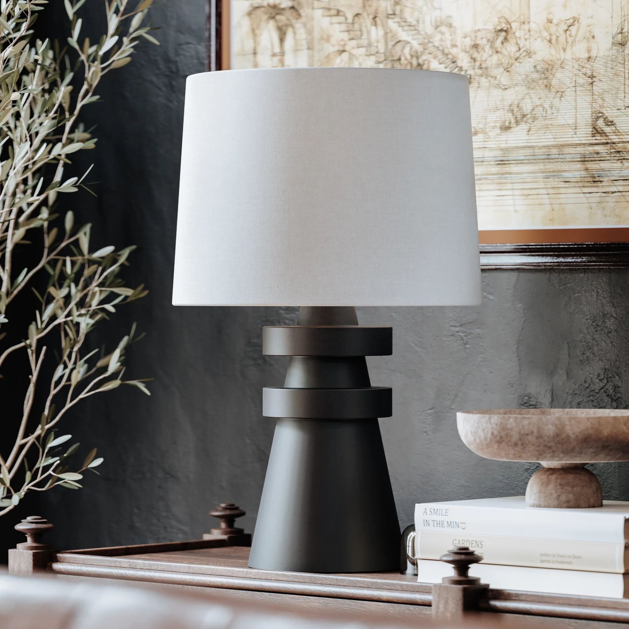 Troy Lighting - Grover 25" Table Lamp, Patina Brass/Ceramic Charcoal Finish | Bees Lighting