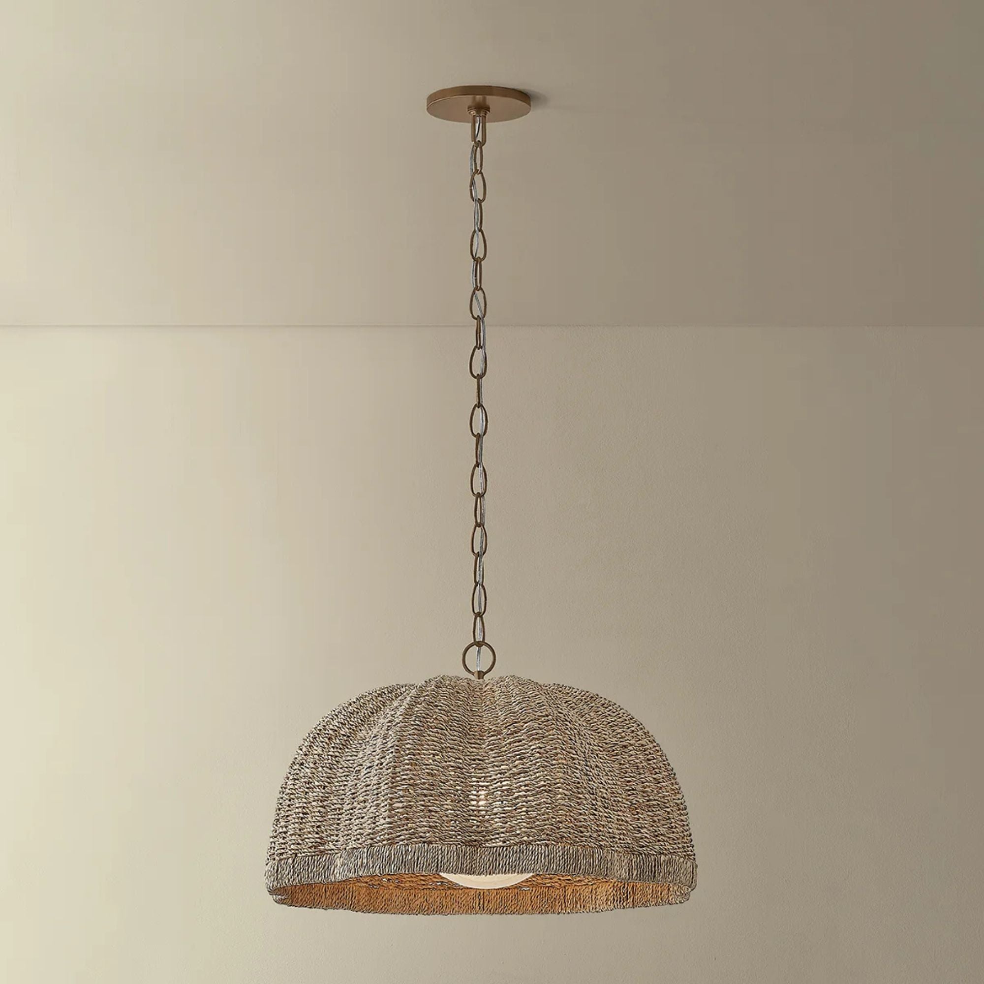 Troy Jack 24 in. Pendant Light, Patina Brass with Natural Woven Shade & Clear Cloud Seeded Glass